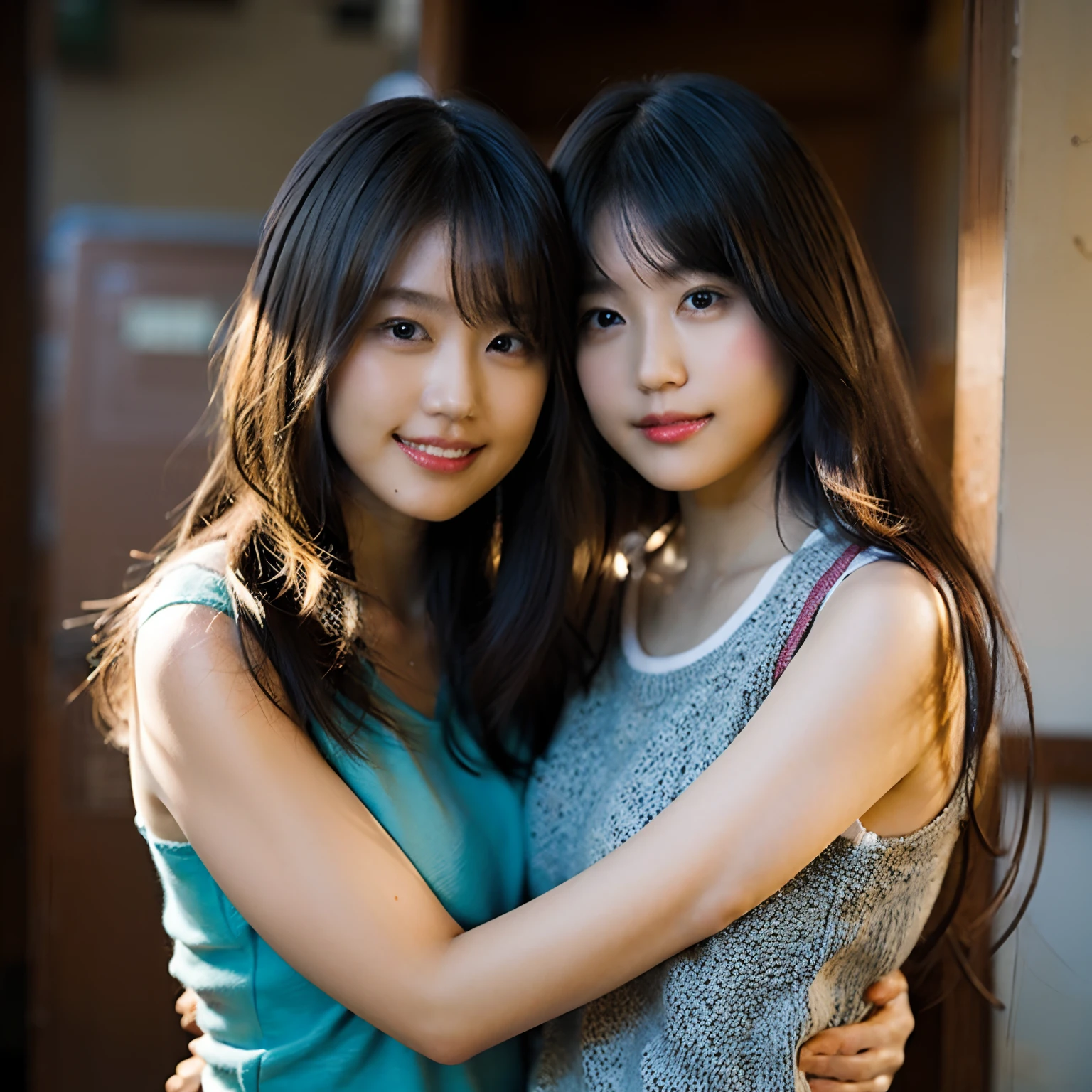 (8K、Raw photography、top-quality、masterpiece:1.2)、(realisitic、Photorealsitic:1.37)、ultra-detailliert、超A high resolution、Identical twin sisters happily hugging each other、see the beholder、beautifull detailed face、A smile、Constriction、(Slim waist) :1.3)、Tank Tops、Beautiful detailed skin、Skin Texture、floated hair、profetional lighting、