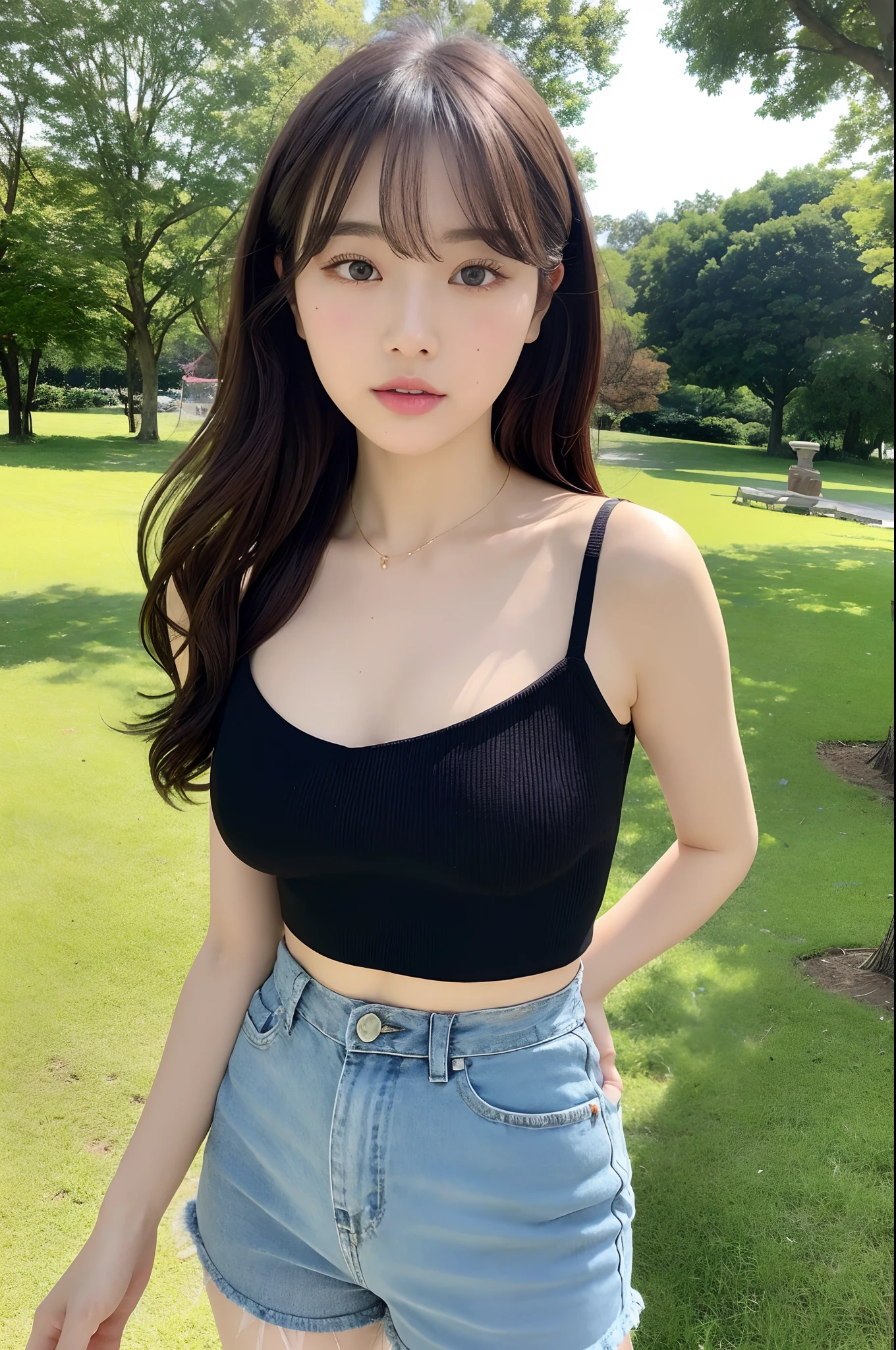 8K, Best Quality, masutepiece, Highly detailed, reallistic, girl with, 20 years old, looking hand, long dark brown hair with bangs,,,Curly hair, Green eyes, Black Japanese style cut clothes, White shorts, Wear ultra-realistic pantyhose、Bare shoulders, make - up、golden details, Cold expression, Battle Scenes, Outdoors, Park in the background, lots of trees々And the bright sky、