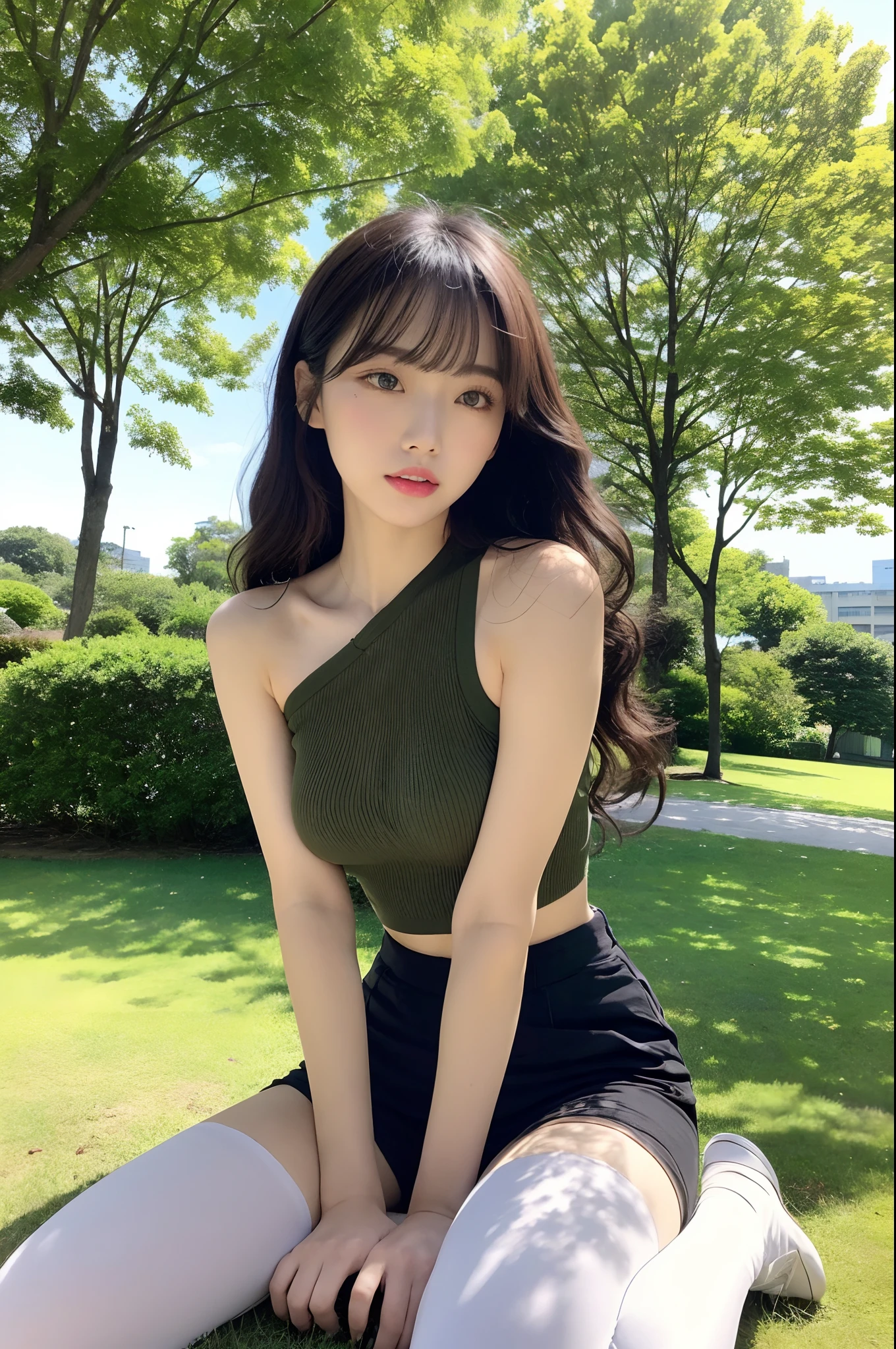 8K, Best Quality, masutepiece, Highly detailed, reallistic, girl with, 20 years old, looking hand, long dark brown hair with bangs,,,,Curly hair, Green eyes, Black Japanese style cut clothes, White shorts, Wear ultra-realistic pantyhose、Bare shoulders, make - up、golden details, Cold expression, Battle Scenes, Outdoors, Park in the background, lots of trees々And the bright sky、Sitting on the lawn、Sitting,