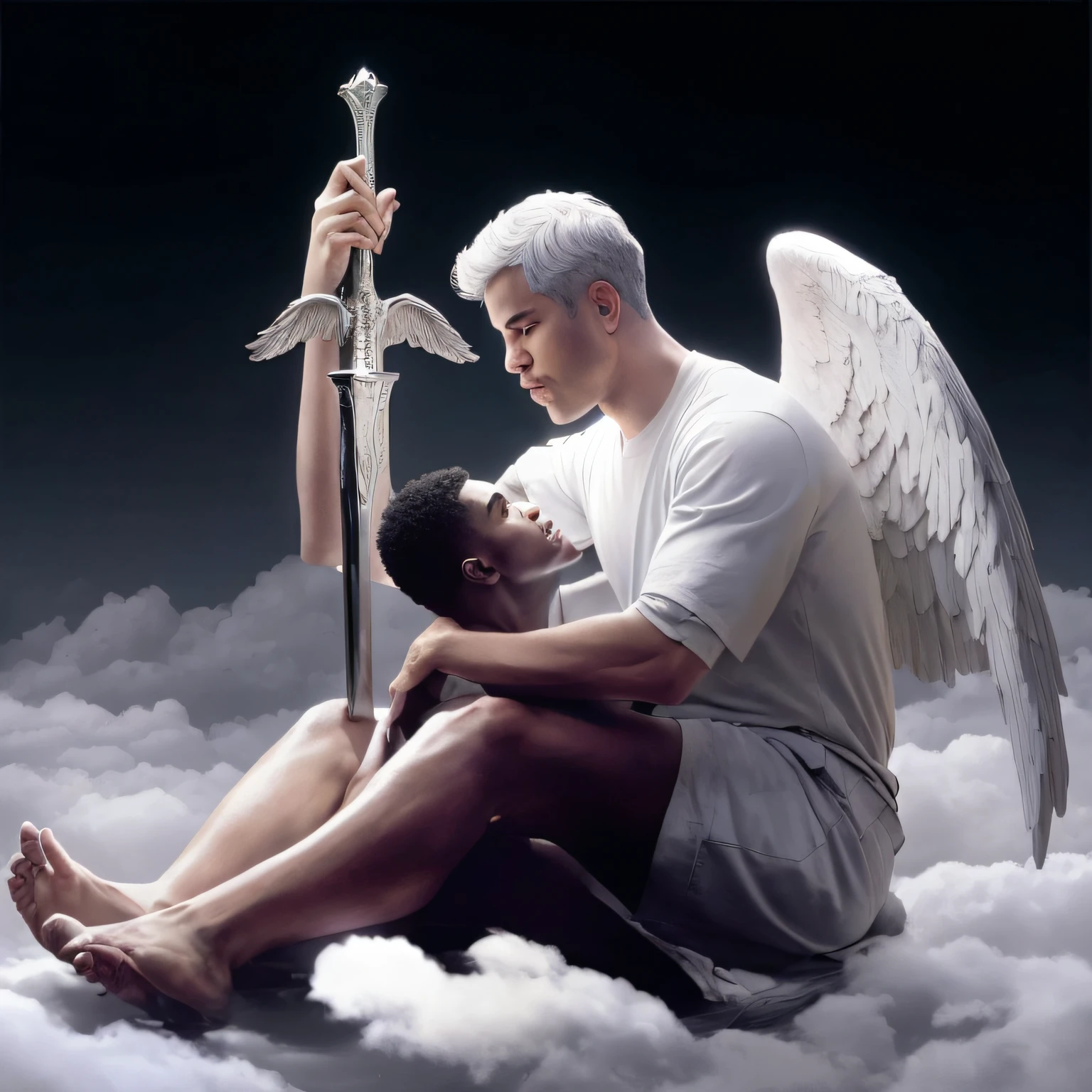 There is a man sitting on a cloud with a sword and a black man, anjo protegendo o homem, anjo assistindo homem negro de cabelo preto liso, anjo, angelic, heaven on earth, eros and thanatos, biblical accurate angel, beautiful angle, um anjo, Jovem Anjo Wan, holy sword in his hands, inspirado em Thomas Blackshear, anjo protegendo o homem, angelic, angels protecting a praying man. foto realista