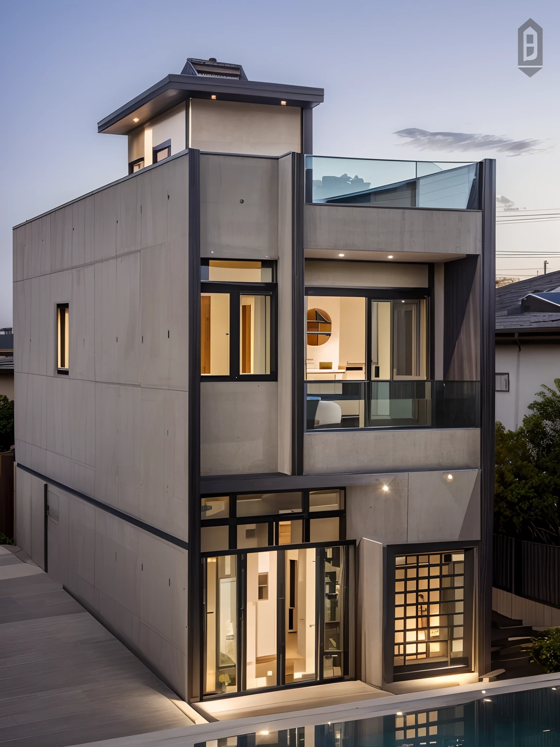 exterior of modern house in a city, slope roof, glass balcony, glass door and window, stone paverment, street road, neighbor house behind,