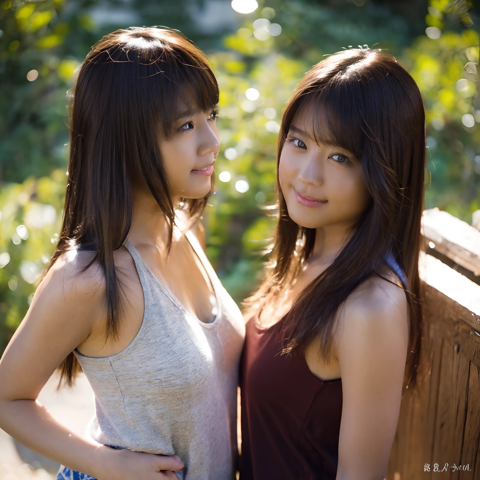 (8K、Raw photography、top-quality、​masterpiece:1.2)、(realisitic、Photorealsitic:1.37)、ultra-detailliert、超A high resolution、Japan beautiful girl、sixteen years old、Identical twin sisters hugging each other、see the beholder、beautifull detailed face、A smile、Constriction、(Slim waist) :1.3)、Tank Tops、Beautiful detailed skin、Skin Texture、Detailed dark brown eyes、floated hair、profetional lighting