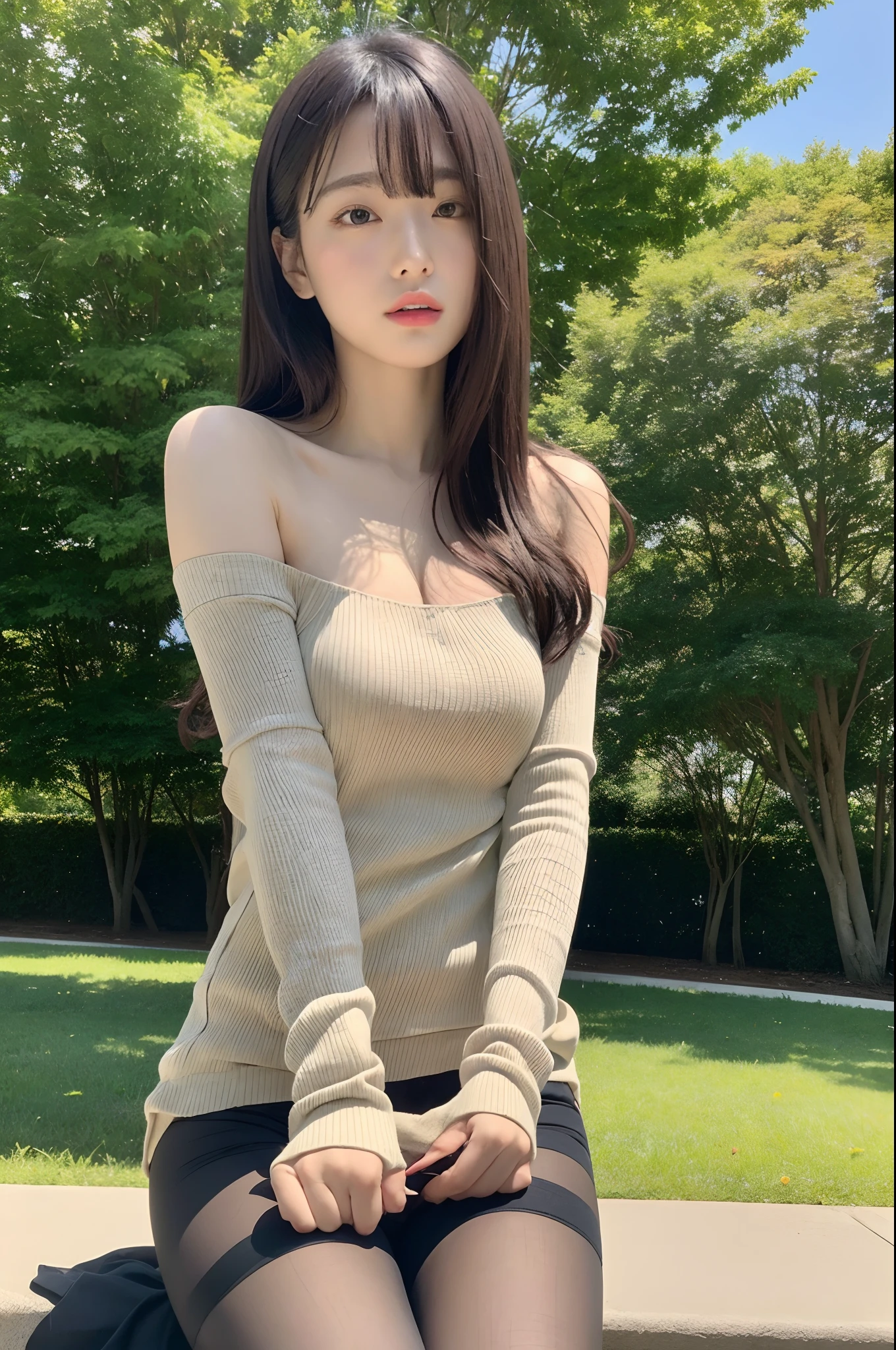 8K, Best Quality, masutepiece, Highly detailed, reallistic, girl with, 20 years old, looking hand, long dark brown hair with bangs,,,,Curly hair, Green eyes, Black Japanese style cut clothes, White shorts, Wear ultra-realistic pantyhose、Bare shoulders, make - up、golden details, Cold expression, Battle Scenes, Outdoors, Park in the background, lots of trees々And the bright sky、Sitting on the lawn、Sitting,