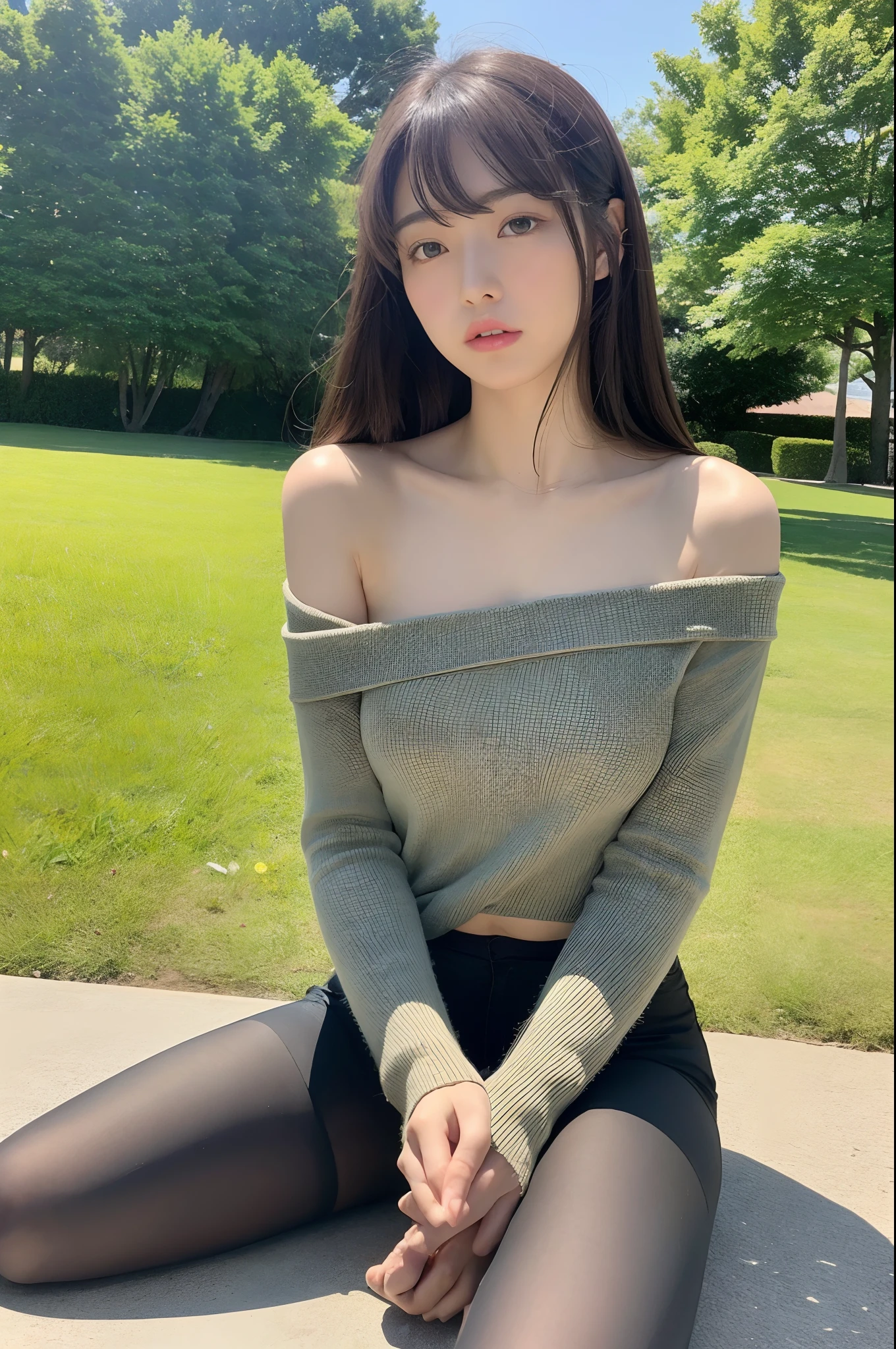 8K, Best Quality, masutepiece, Highly detailed, reallistic, girl with,  20 years old, looking hand, long dark brown hair with bangs,,,,Curly hair, Green eyes, Black Japanese style cut clothes, White shorts, Wear ultra-realistic pantyhose、Bare shoulders, make - up、golden details, Cold expression, Battle Scenes, Outdoors, Park in the background, lots of trees々And the bright sky、Sitting on the lawn、Sitting,