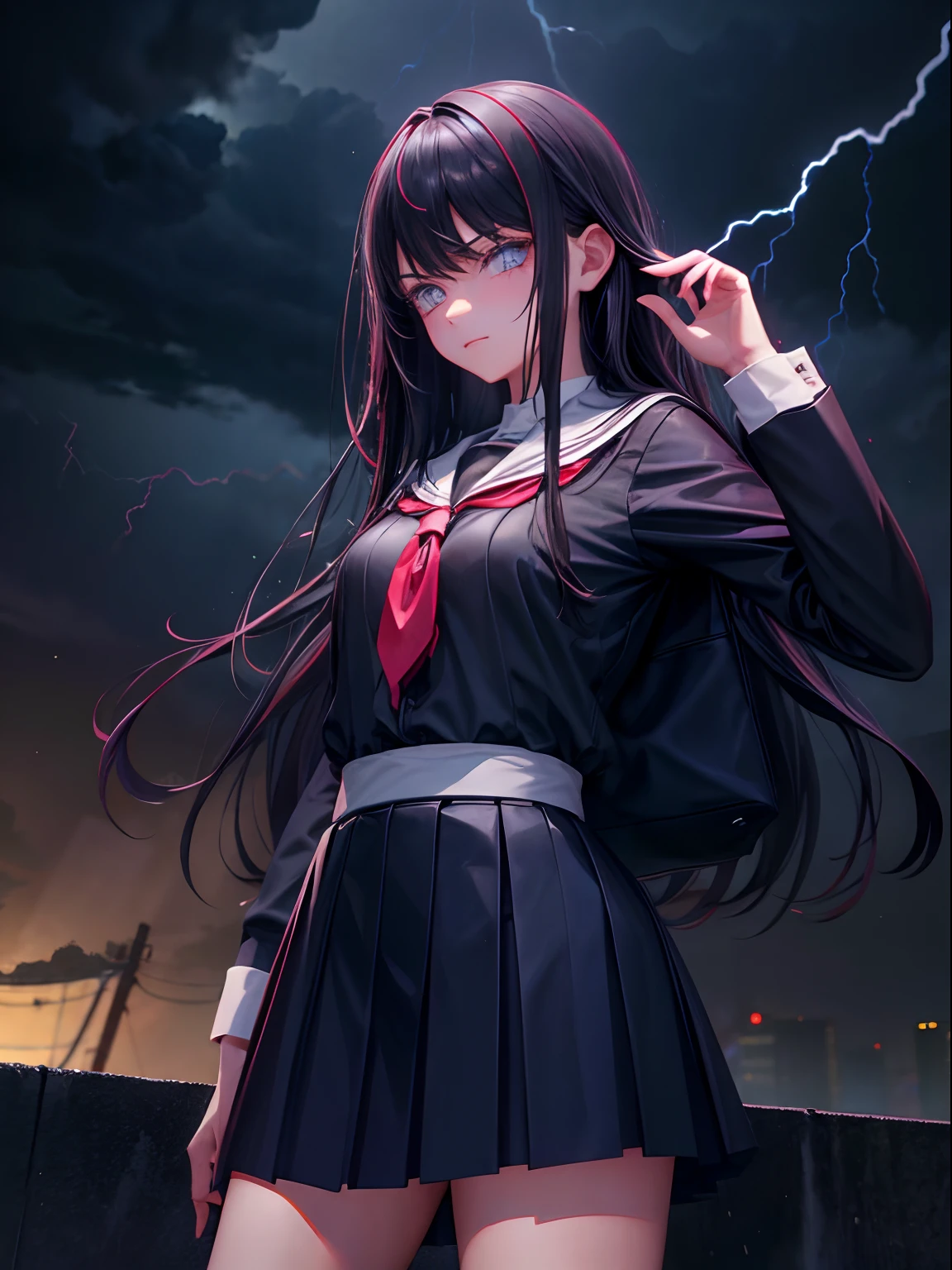 D, evil god, school girl outfit, school girl, long hair, black hair, arrogant, you can see rain and lightning in the background,