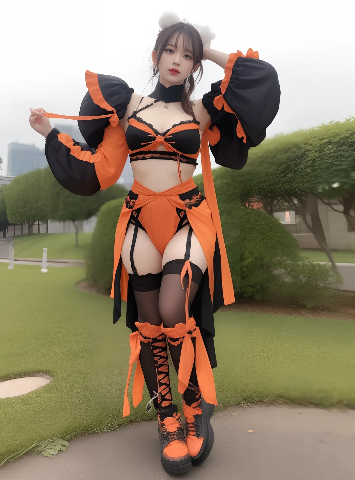 female idol、、large full breasts、beautiful foot、、、Good Style、、Long body、Black tops、Black knee socks、puff sleeves、Black and orange dress