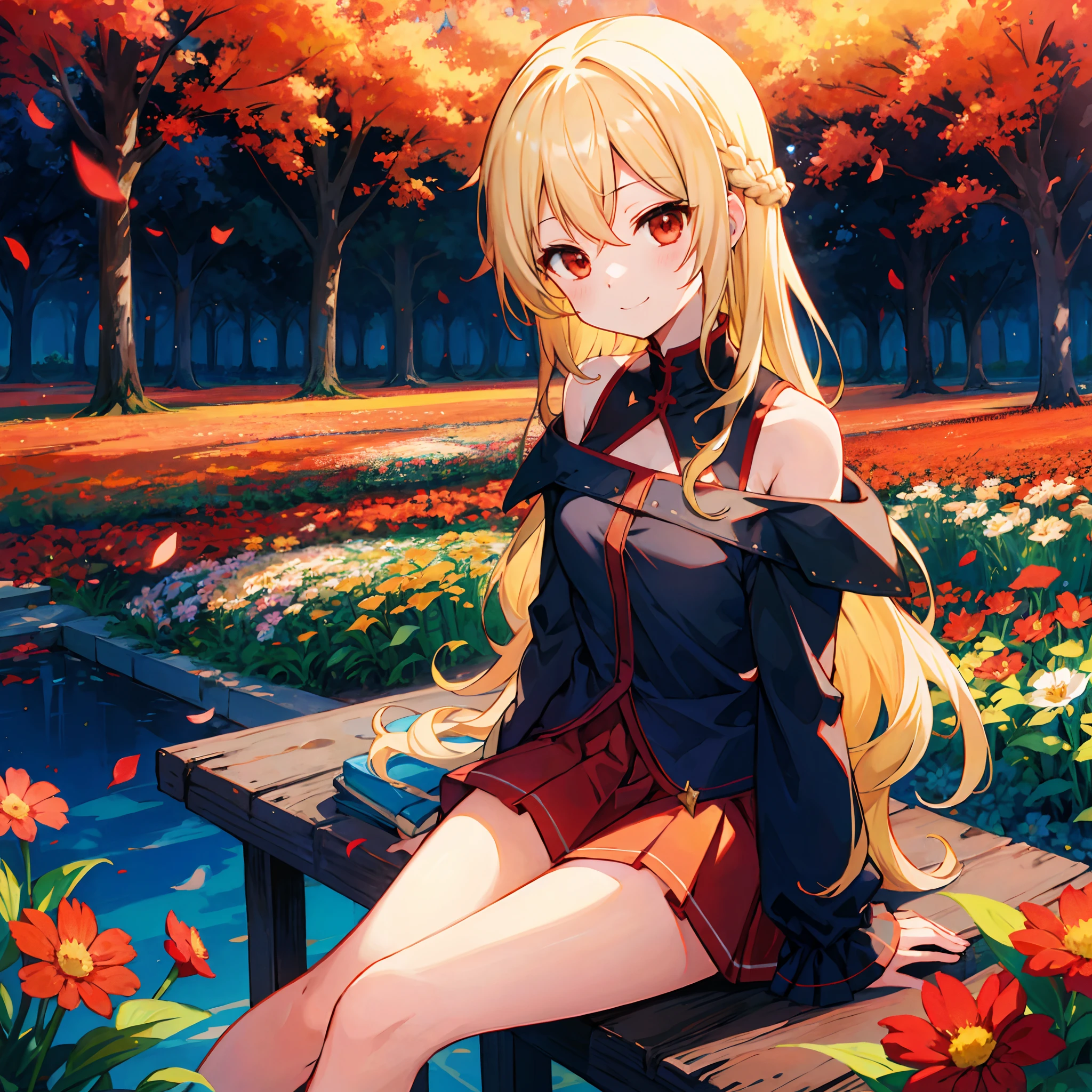 Wavy blonde、red eyes、Beautiful girl alone、doress、off shoulders、a miniskirt、flower  field、sitting on、a smile
