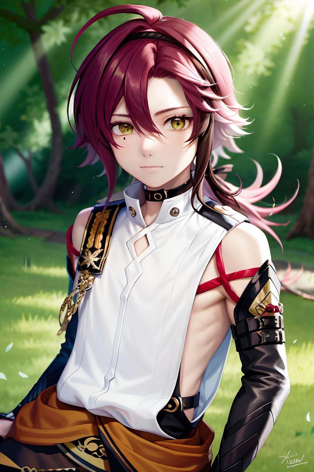 masterpiece, best quality,Shikanoin Heizou (genshin impact), 1boy, male focus, kurokote, green eyes, kote, multicolored hair, mole under eye, red hair, solo, mole, black choker, japanese armor, looking at viewer, choker, armor, streaked hair, aiguillette, sleeveless, ahoge, long hair, low ponytail,(kbxll:0.6)