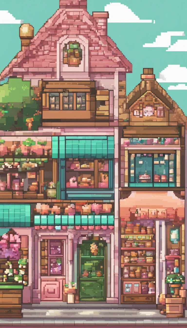 Pixel art for fantasy streets, Lovely shops everywhere,Such as a florist, baker shop, and more. Use a single pallet. Each shop is decorated in light colors. The streets are full of cute fantasy creatures, Like elves, unicorns, And talking animals, Wander around — created using Pixlr or Aseprite software, Use light green/Pink/Blue palette—C 10