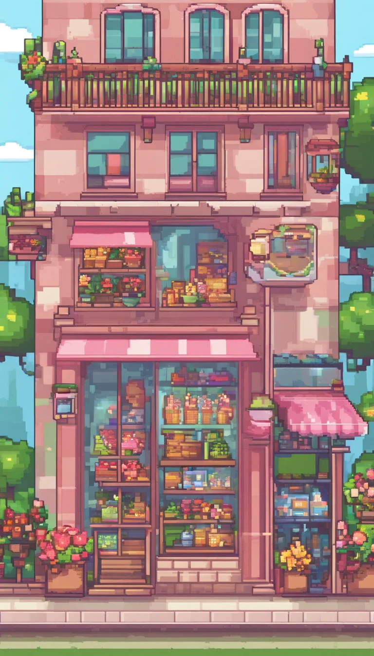 Pixel art for fantasy streets, Lovely shops everywhere，Such as a florist, baker shop, and more. Use a single pallet. Each shop is decorated in light colors.   The streets are full of cute fantasy creatures, Like elves, unicorns, And talking animals, Wander around — created using Pixlr or Aseprite software, Use light green/Pink/Blue palette—C 10