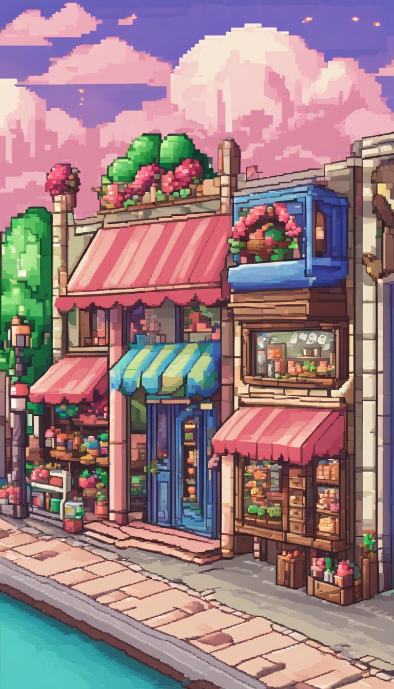Pixel art for fantasy streets, Lovely shops everywhere，Such as a florist, baker shop, and more. Use a single pallet. Each shop is decorated in light colors.   The streets are full of cute fantasy creatures, Like elves, unicorns, And talking animals, Wander around — created using Pixlr or Aseprite software, Use light green/Pink/Blue palette—C 10