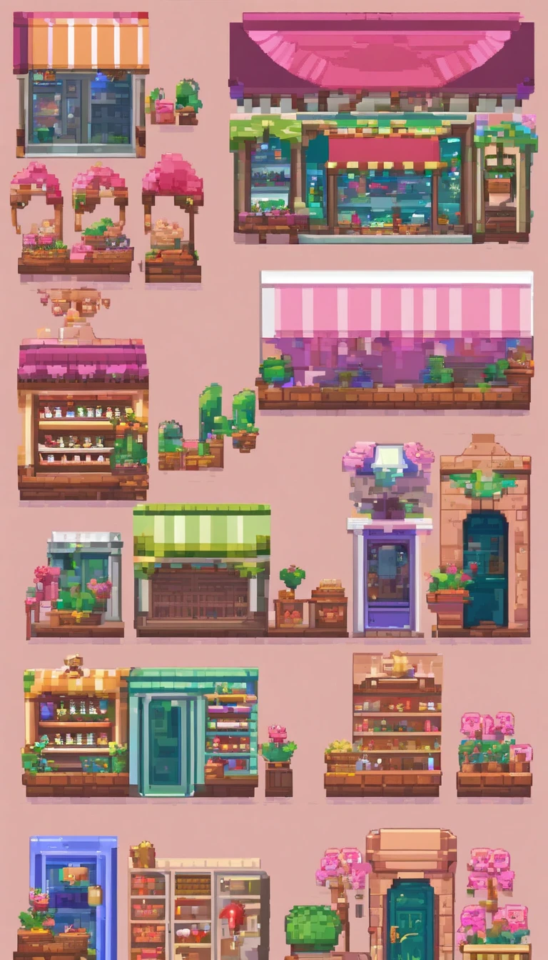 Pixel art for fantasy streets, Lovely shops everywhere，Such as a florist, baker shop, and more. Use a single pallet. Each shop is decorated in light colors.   The streets are full of cute fantasy creatures, Like elves, unicorns, And talking animals, Wander around — created using Pixlr or Aseprite software, Use light green/Pink/Blue palette—C 10