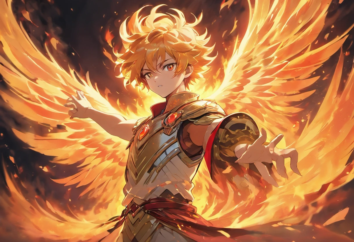 (best quality,4k,8k,highres,masterpiece:1.2),ultra-detailed,(realistic,photorealistic,photo-realistic:1.37),man with phoenix wings on his back,fire surrounding his fist,feathers,captivating expression,flaming wings spread wide,Fiery light,cinematic mood,dramatic angle,heroic stance,mythical creature,sculptural details,radiating power,celestial aura,vibrant color palette,scorching flames,epic fantasy,mythological hero,heroic mythology,combustible energy,luminous heat,dynamic movement,high-contrast lighting,archetypal figure,detailed feather texture,mythical symbolism,fiery trails,embodying strength and grace,vividly glowing embers,powerful presence,extraordinary supernatural ability,astral fire,enduring power and rebirth,fiery spirit,awe-inspiring spectacle