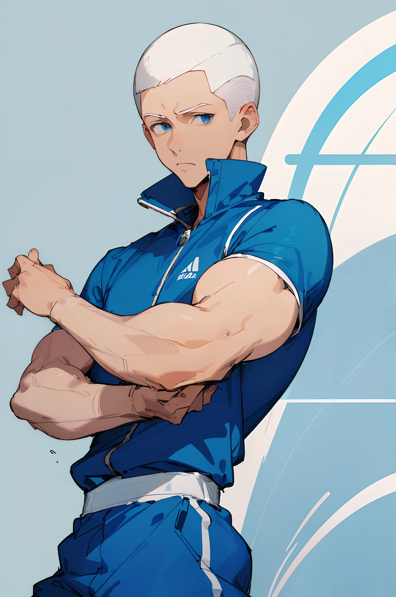(masterpiece, best quality) detailed, 1Character , blue archive art style , wearing a blue tracksuit, Handsome man , White hair , very Short hair, ((crew cut hair style:1 )) , Blue eyes , light skin , ((muscular:1)),masculine ,age 28,
, pastel washed out colors , cell shade ,