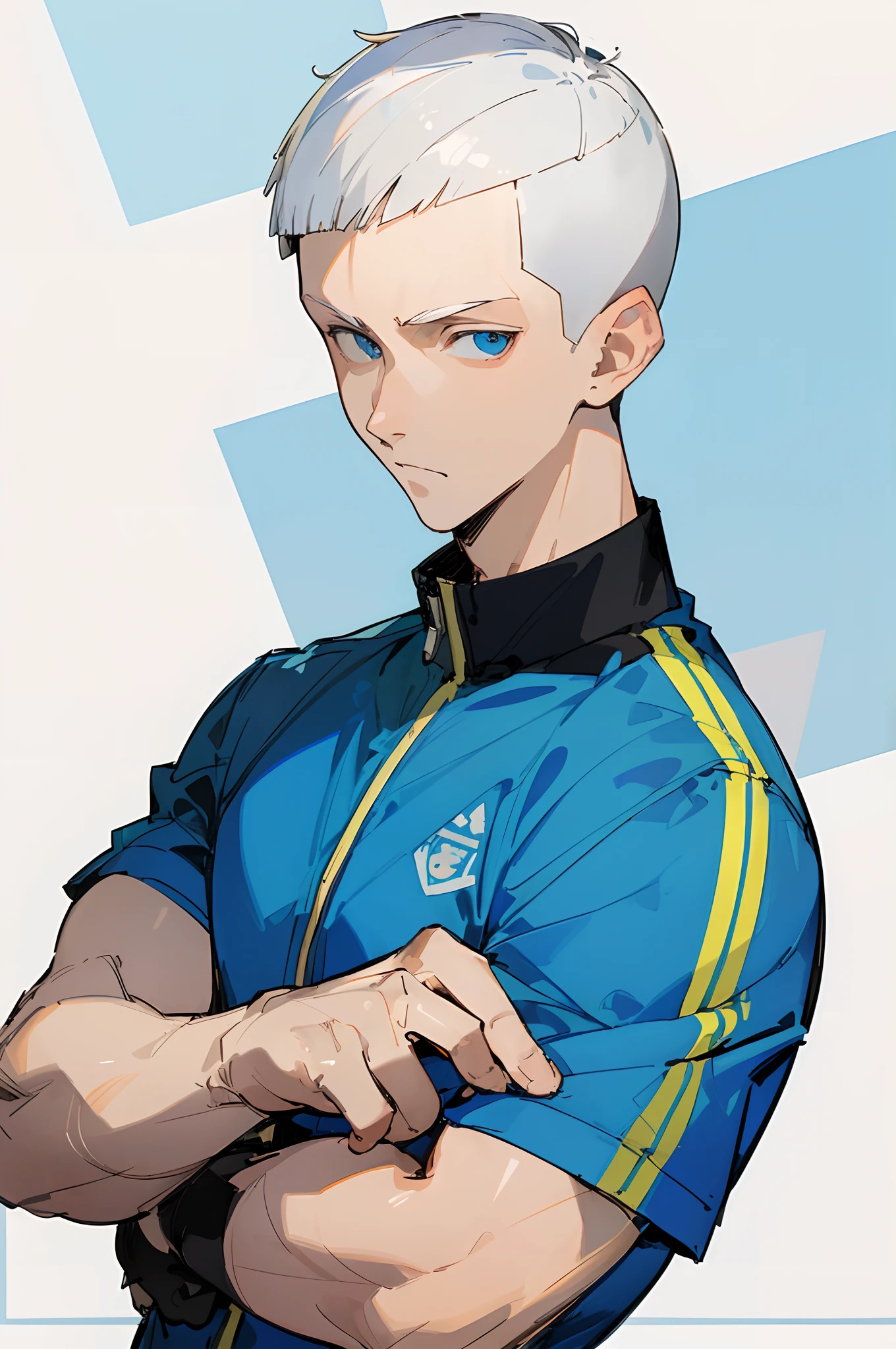 (masterpiece, best quality) detailed, 1Character , blue archive art style , wearing a blue tracksuit, Handsome man , White hair , very Short hair, ((crew cut hair style:1 )) , Blue eyes , light skin , ((muscular:1)),masculine ,age 28,
, pastel washed out colors , cell shade ,