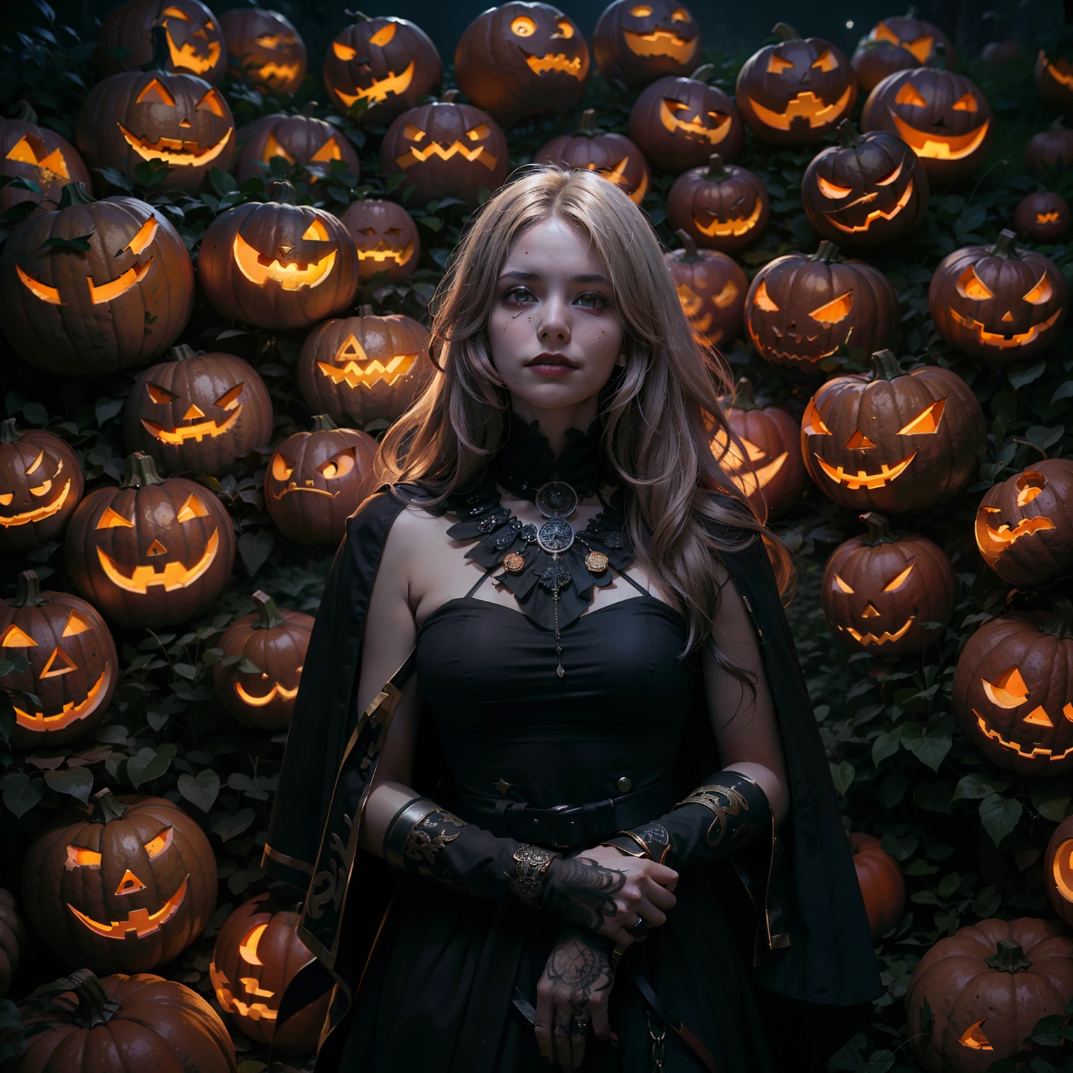 (number々Award-winning masterpieces of, with incredible detail, textures and maximum detail), (Hyper realistic:1.4), (Realistic:1.3), (Draw the whole body:1.7), (The face is a jack-o'-lantern: 1.9), (The head is made of pumpkin: 1.8), (Upper Body Up:0.3), (Realistic textured pumpkins of the highest quality), (Carved eyes on a glowing red pumpkin), (The Face of the Terrifying Jack-o'-Lantern: 1.4), (Aesthetic and decadent image:1.7), ((medieval world)), (King of pumpkins with a jack-o'-lantern face: 1.9), (Halloween Pumpkin King), (Scary look), (Although there is a spiteful smile on her face、Her eyes are not smiling:1.3), (He holds an old lantern in one hand: 1.5), (There are many small jack-o'-lanterns around, Shine a faint glow: 0.8), (There are many mysteriously glowing will-o-the-wisps around: 1.8), (Wearing a dark black robe with an intricate pattern:1.4), (Eyes that glow red in the dark), (Dramatic light), Pumpkin field, (A majestic sight), (A magic circle of ominous brilliance:1.6), A terrifying face that threatens those around, (On the back of the shoulder、There is a shabby black cloak with modest but rich embroidery:1.3), (Whole body image:1.7), sharp long claws, (Skeleton Reaper Follows: 1.4), (((dramatic photography))), (Twilight), (Sunset), (a dark night), ((dramatic pose)), (flamboyant photo), (There are stars shining in the sky,、The full moon is out:1.4), ((looks up)), ((Looking down)), (Draw the whole body:1.7), (Around her neck is a simple necklace of exquisite workmanship), Forgotten grave overgrown with vegetation, The Great Necropolis, Underground labyrinth, Evil Temple Ruins, Temple of Sacrifice, miraculously, Ancient castle ruins, Abandoned necropolis, Crumbled ancient tombs, Ancient ruins of stagnant water, Swamp ruins, Shining majestic cloud masses and sky, lightning bolt, Epic Realistic, Faded, Art Book, (Greg Rutkowski:0.8), (teal and orange:0.4), (Art Station:1.5), Cinematic, ((Neutral colors)), (nffsw:1.5), (Muted colors:1.2), Hyper Detailed