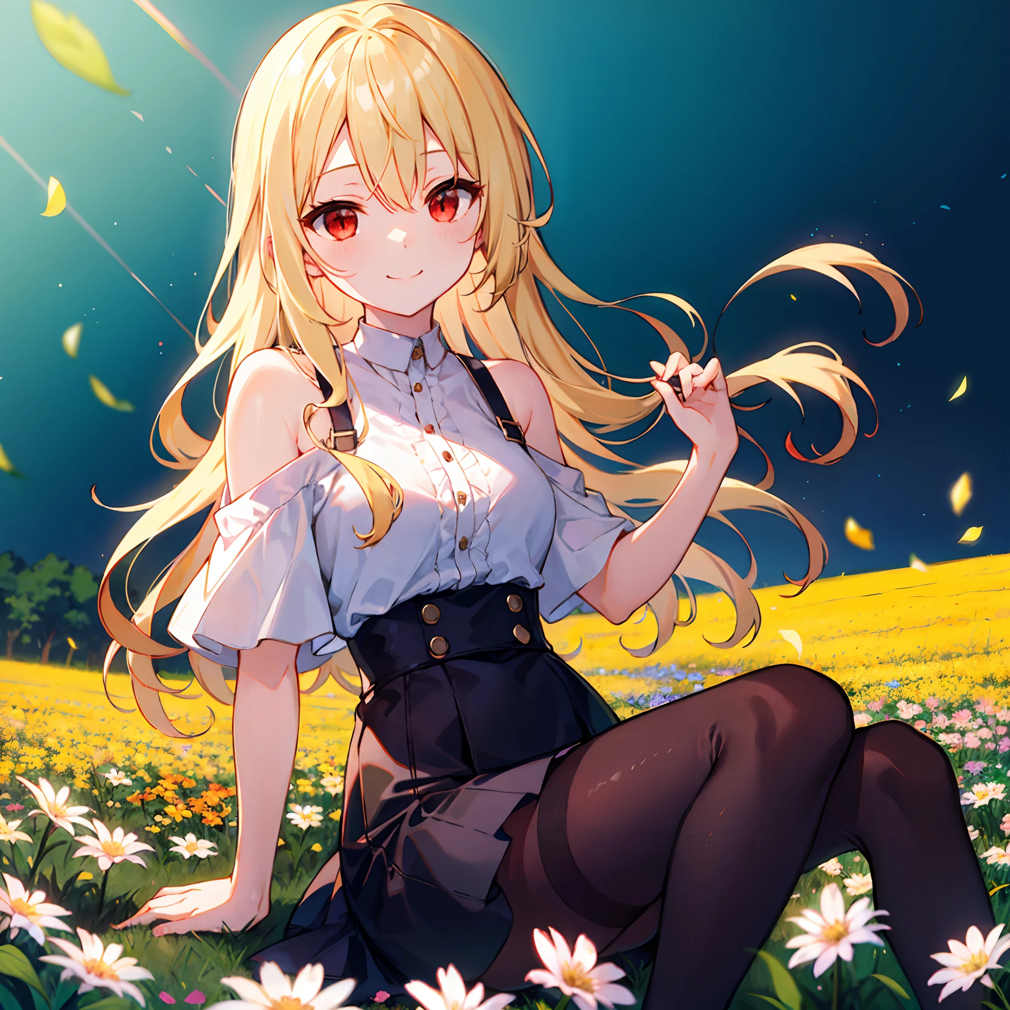Wavy blonde、red eyes、Beautiful girl alone、off shoulders、a miniskirt、Black tights、flower field、sitting on、A smile