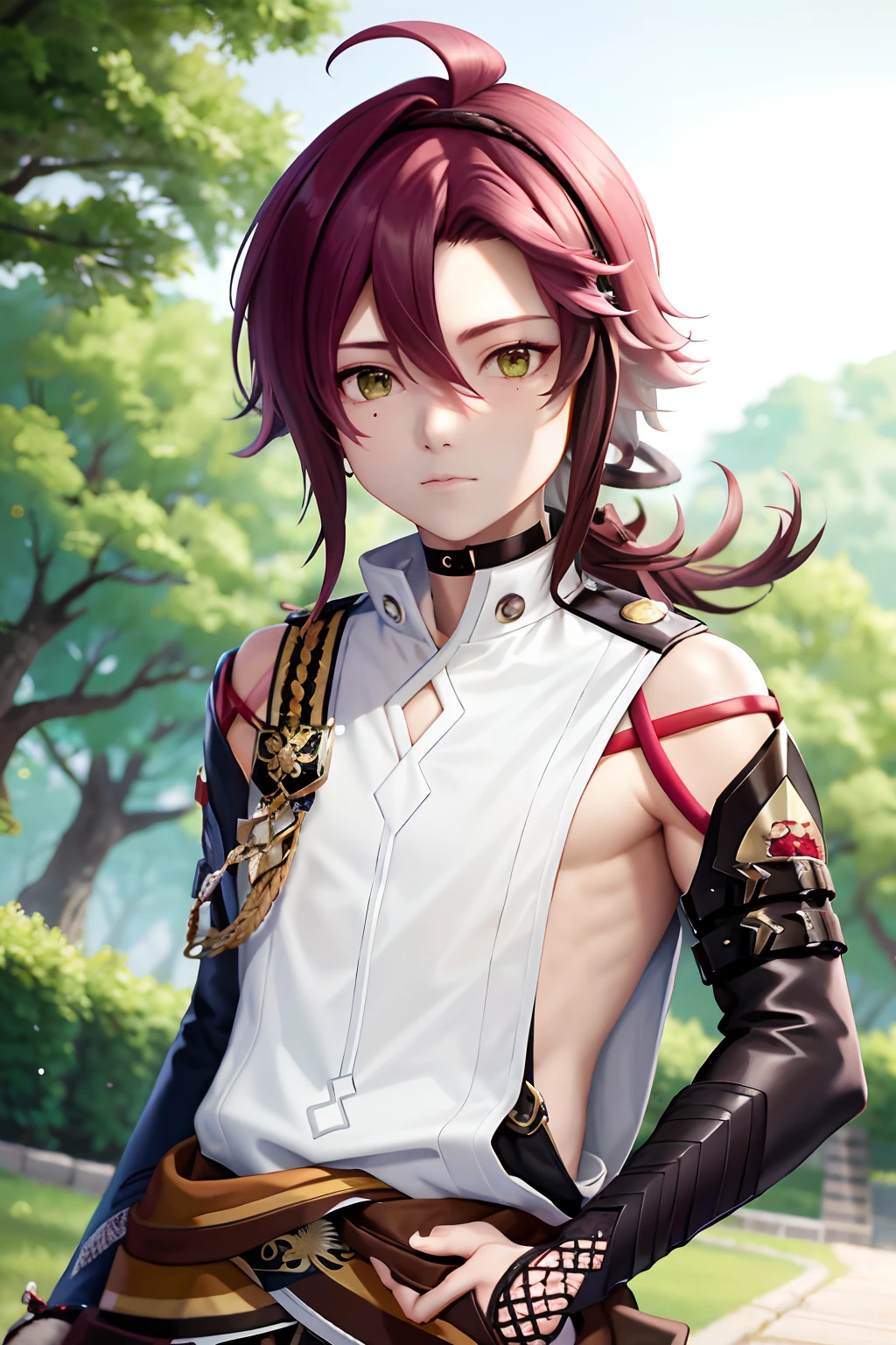 masterpiece, best quality,Shikanoin Heizou (genshin impact), 1boy, male focus, kurokote, green eyes, kote, multicolored hair, mole under eye, red hair, solo, mole, black choker, japanese armor, looking at viewer, choker, armor, streaked hair, aiguillette, sleeveless, ahoge, long hair, low ponytail,(kbxll:0.6)