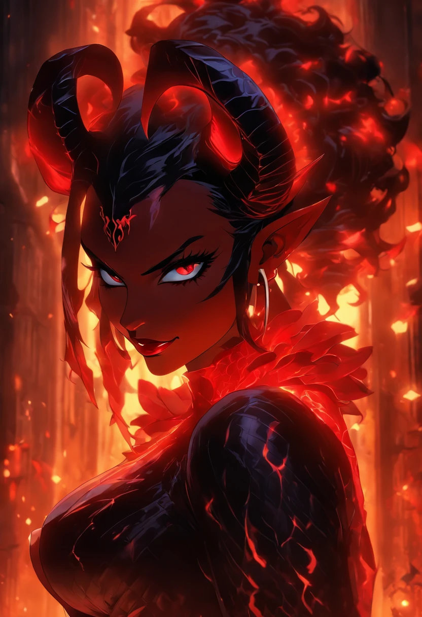 (best quality,4k,8k,highres,masterpiece:1.2),ultra-detailed,(realistic,photorealistic,photo-realistic:1.37),hot thicc succubus mama with long black hair, intense black lips, wearing a revealing black leather outfit adorned with BDSM elements. Her attire consists of a seductive bustier, accentuating her voluptuous figure. Her skin is a captivating shade of fiery red, exuding a demonic allure. Elegantly sprouting from her back are a pair of majestic demon wings, exquisitely detailed with intricate patterns. Atop her head, she possesses mesmerizing tiefling horns, exemplifying her otherworldly presence. The artwork should capture her enticing aura, showcasing her confidence and power. The light in the scene should emphasize the seductive curves of her body, casting dramatic shadows and highlights. The color palette should evoke a sense of darkness and desire, with rich contrasting tones of black, red, and deep maroons.