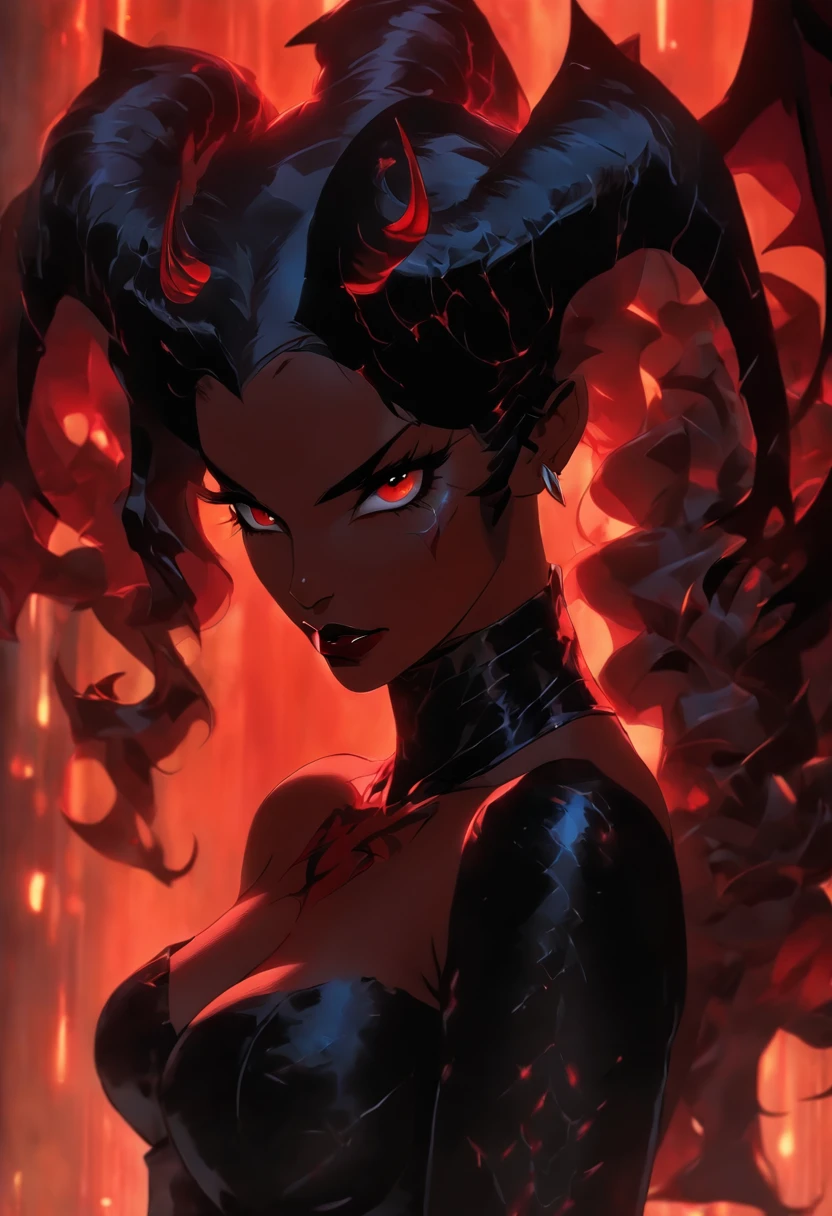 (best quality,4k,8k,highres,masterpiece:1.2),ultra-detailed,(realistic,photorealistic,photo-realistic:1.37),hot thicc succubus mama with long black hair, intense black lips, wearing a revealing black leather outfit adorned with BDSM elements. Her attire consists of a seductive bustier, accentuating her voluptuous figure. Her skin is a captivating shade of fiery red, exuding a demonic allure. Elegantly sprouting from her back are a pair of majestic demon wings, exquisitely detailed with intricate patterns. Atop her head, she possesses mesmerizing tiefling horns, exemplifying her otherworldly presence. The artwork should capture her enticing aura, showcasing her confidence and power. The light in the scene should emphasize the seductive curves of her body, casting dramatic shadows and highlights. The color palette should evoke a sense of darkness and desire, with rich contrasting tones of black, red, and deep maroons.
