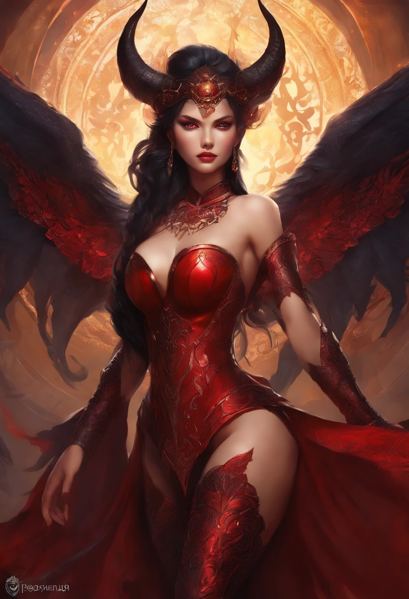 (best quality,4k,8k,highres,masterpiece:1.2),ultra-detailed,(realistic,photorealistic,photo-realistic:1.37),hot thicc succubus mama with long black hair, intense black lips, wearing a revealing black leather outfit adorned with BDSM elements. Her attire consists of a seductive bustier, accentuating her voluptuous figure. Her skin is a captivating shade of fiery red, exuding a demonic allure. Elegantly sprouting from her back are a pair of majestic demon wings, exquisitely detailed with intricate patterns. Atop her head, she possesses mesmerizing tiefling horns, exemplifying her otherworldly presence. The artwork should capture her enticing aura, showcasing her confidence and power. The light in the scene should emphasize the seductive curves of her body, casting dramatic shadows and highlights. The color palette should evoke a sense of darkness and desire, with rich contrasting tones of black, red, and deep maroons.