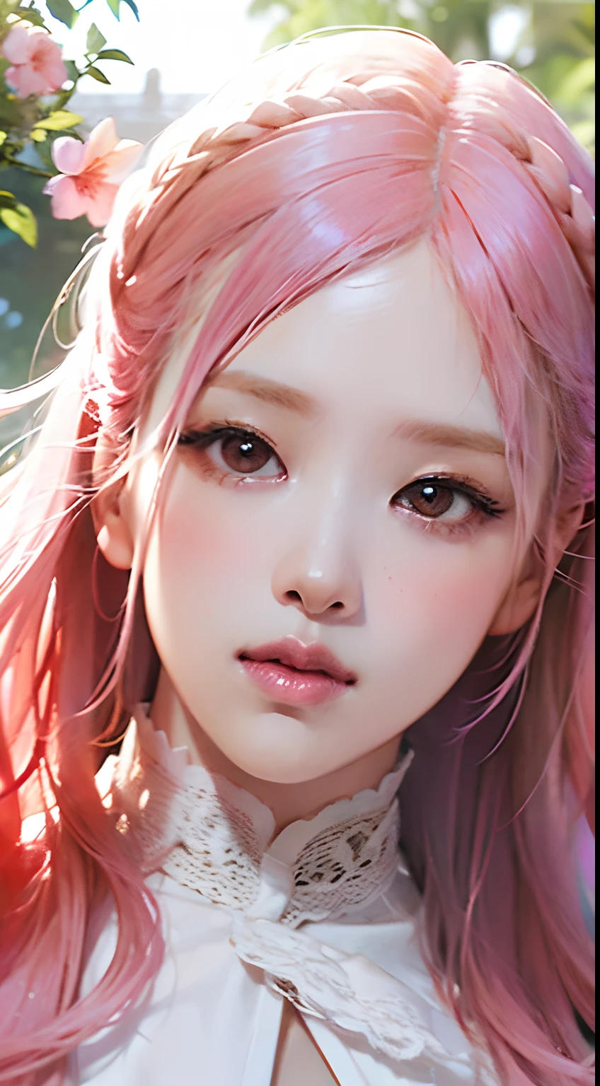 Pink hair, pink dress, pink theme, pink background