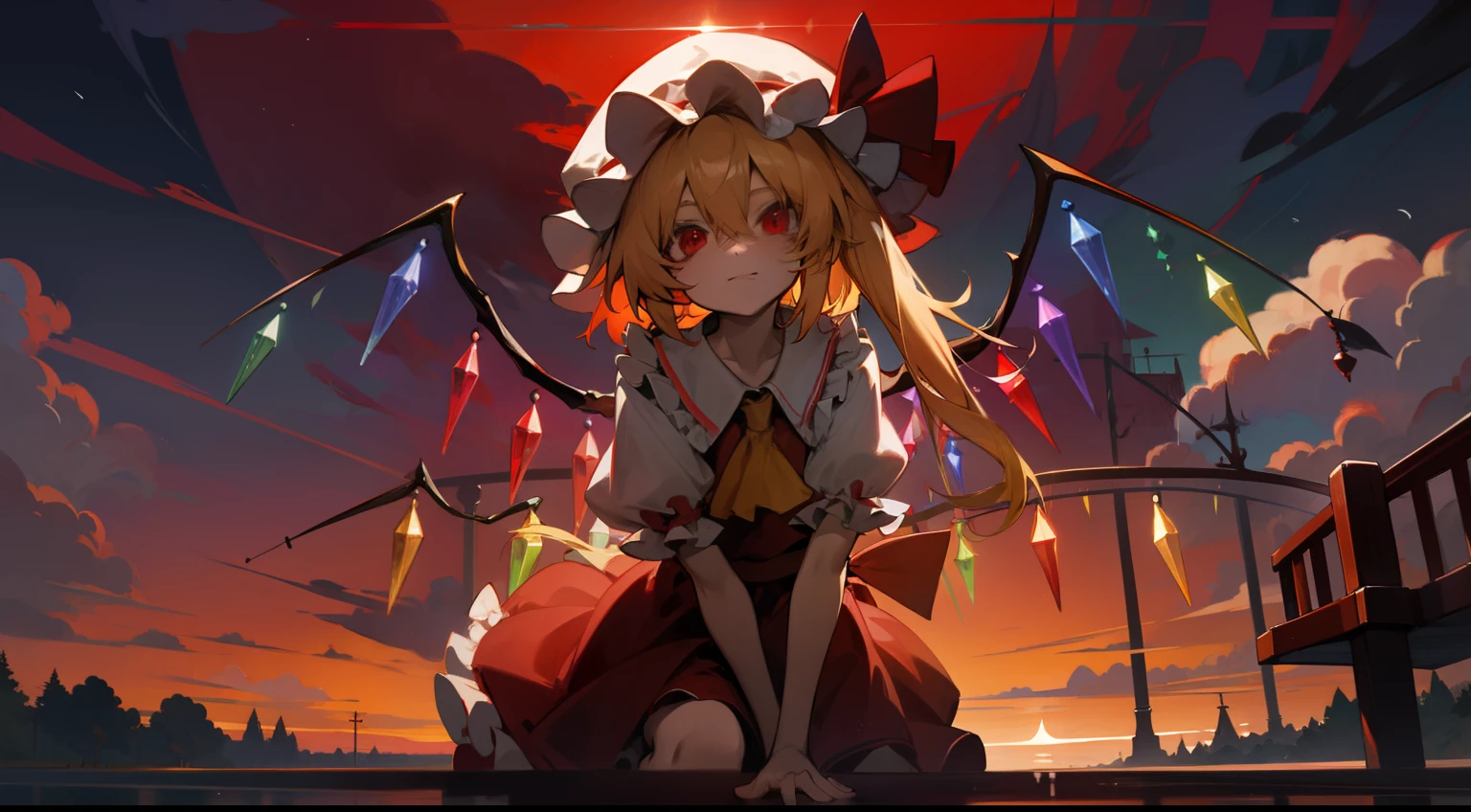 Flandre Scarlet Sky hat stands looking into the camera night