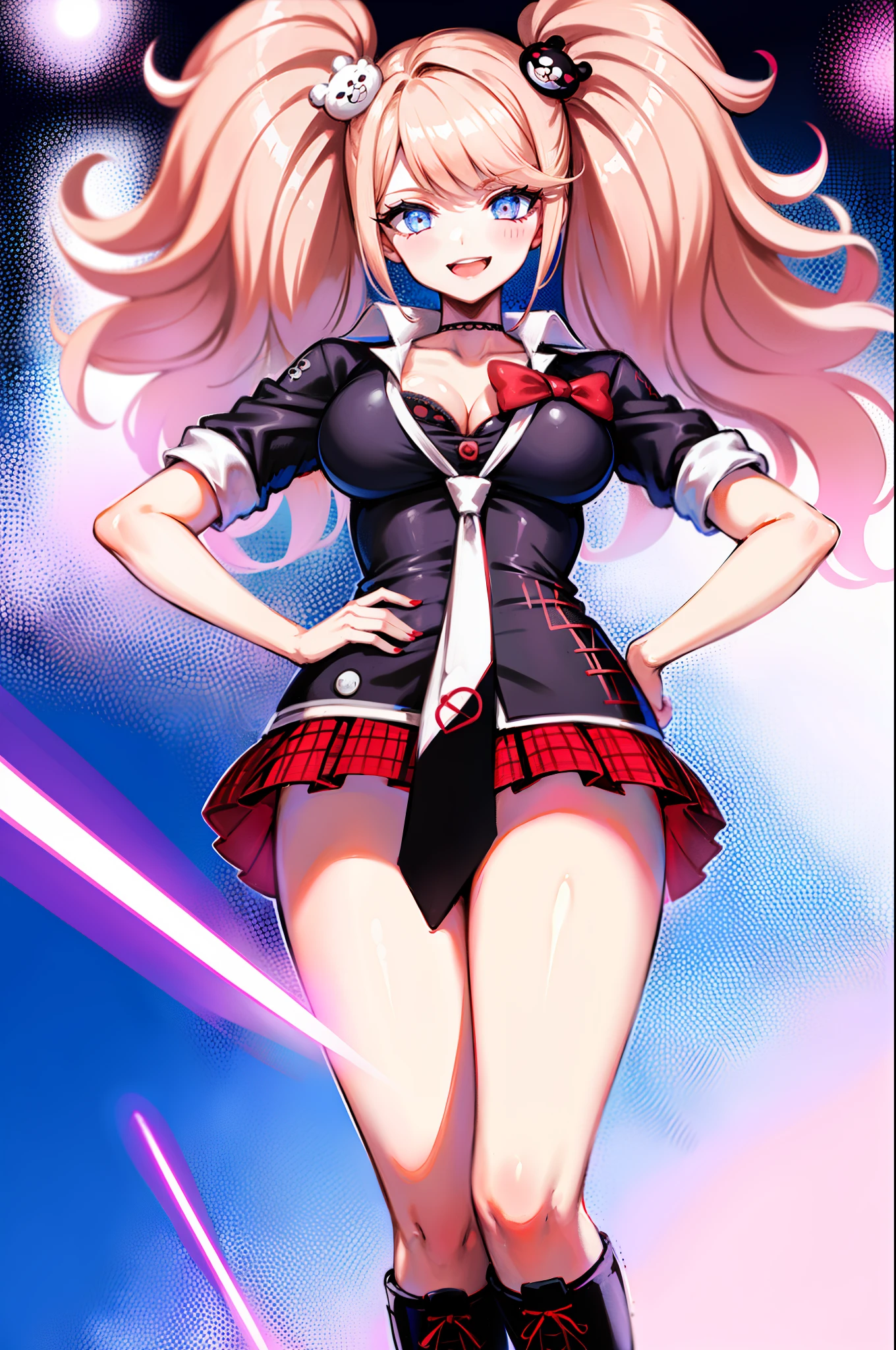 long hair, 1girl, hair ornament, twintails, solo, breasts, blue eyes, cleavage, bow, bear hair ornament, necktie, blonde hair, smile, bangs, large breasts, looking at viewer, collarbone, shirt, nail polish, red bow, black shirt, underwear, bra, skirt, choker, black bra, sleeves rolled up, white necktie, red nails, open mouth, pleated skirt, red skirt, shiny, teeth, medium breasts, miniskirt, shiny hair, upper body, school uniform, pink hair, boots, upper teeth only, plaid skirt, blush, knee boots, plaid, black footwear, cross-laced footwear, junko enoshima