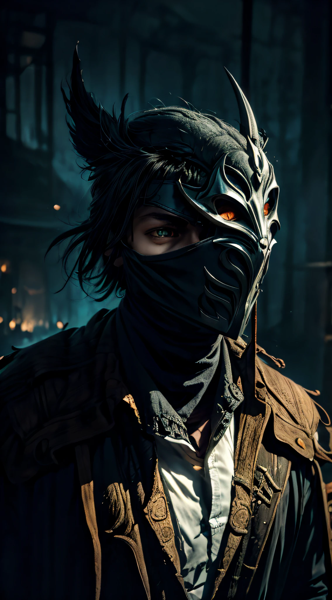 Create an eerie scene where the shadows cast by the mask seem to whisper secrets and dark promises to those nearby.