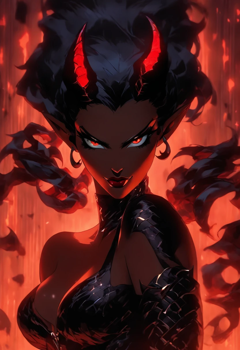(best quality,4k,8k,highres,masterpiece:1.2),ultra-detailed,(realistic,photorealistic,photo-realistic:1.37),hot thicc succubus mama with long black hair, intense black lips, wearing a revealing black leather outfit adorned with BDSM elements. Her attire consists of a seductive bustier, accentuating her voluptuous figure. Her skin is a captivating shade of fiery red, exuding a demonic allure. Elegantly sprouting from her back are a pair of majestic demon wings, exquisitely detailed with intricate patterns. Atop her head, she possesses mesmerizing tiefling horns, exemplifying her otherworldly presence. The artwork should capture her enticing aura, showcasing her confidence and power. The light in the scene should emphasize the seductive curves of her body, casting dramatic shadows and highlights. The color palette should evoke a sense of darkness and desire, with rich contrasting tones of black, red, and deep maroons.