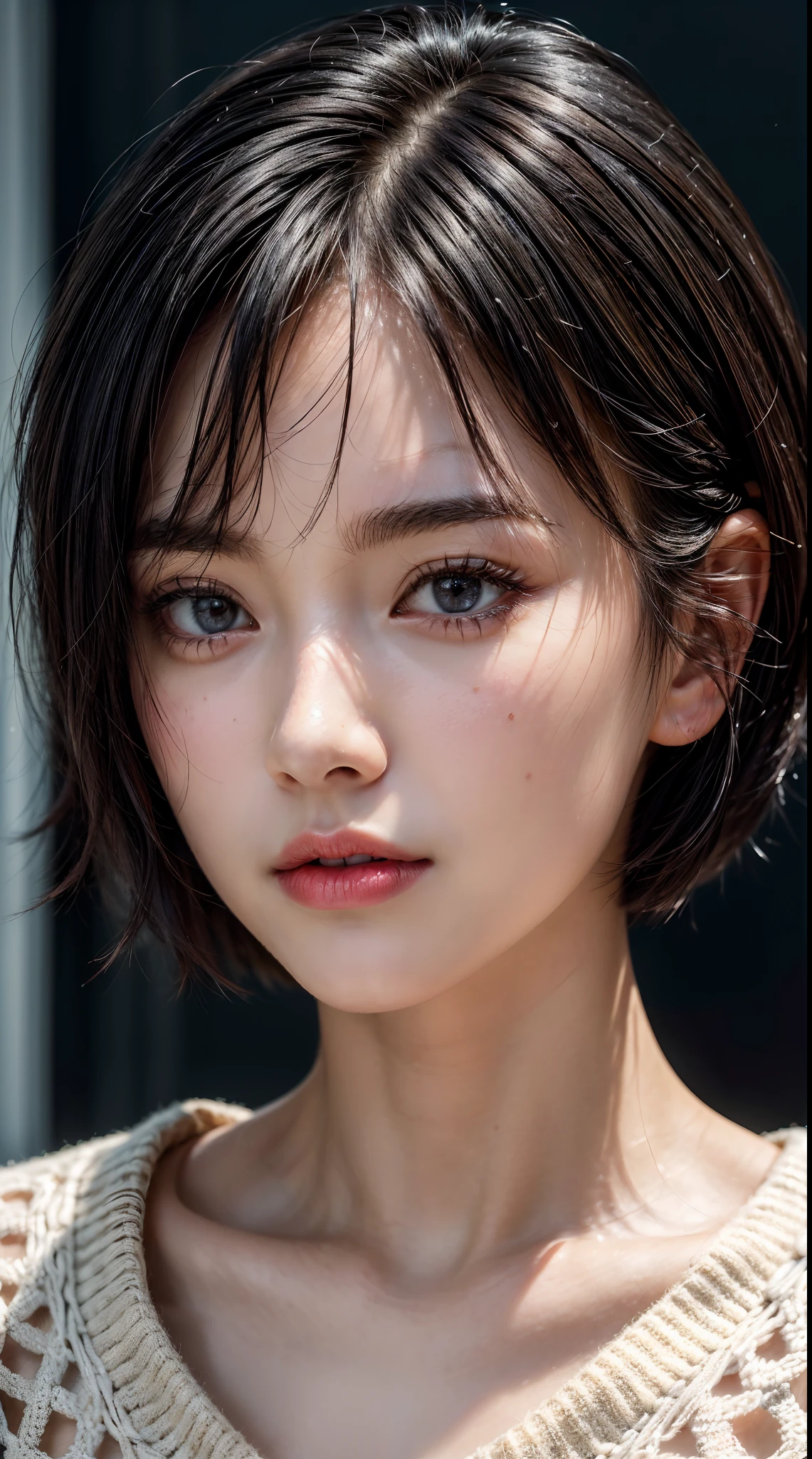 (award winning, 8k, super detailed, high resolution, best quality, photography, portrait), 1girl, solo, beautiful girl, beautiful eyes, detailed eyes, (black eye), jacket, short hair, black hair, street background, POV, ((upper body))