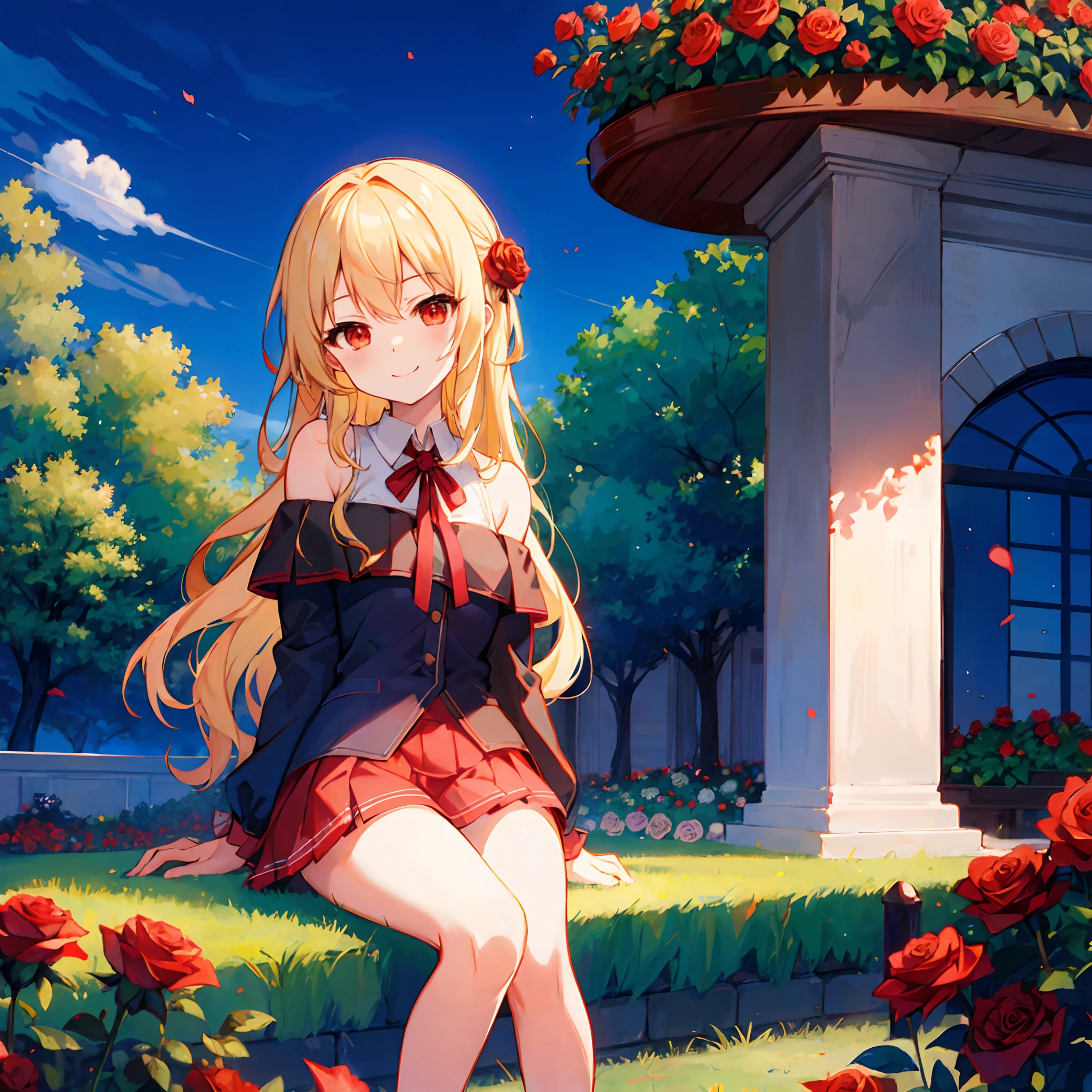 Wavy blonde、red eyes、Beautiful girl alone、doress、off shoulders、a miniskirt、Rose Garden、sitting on、a smile