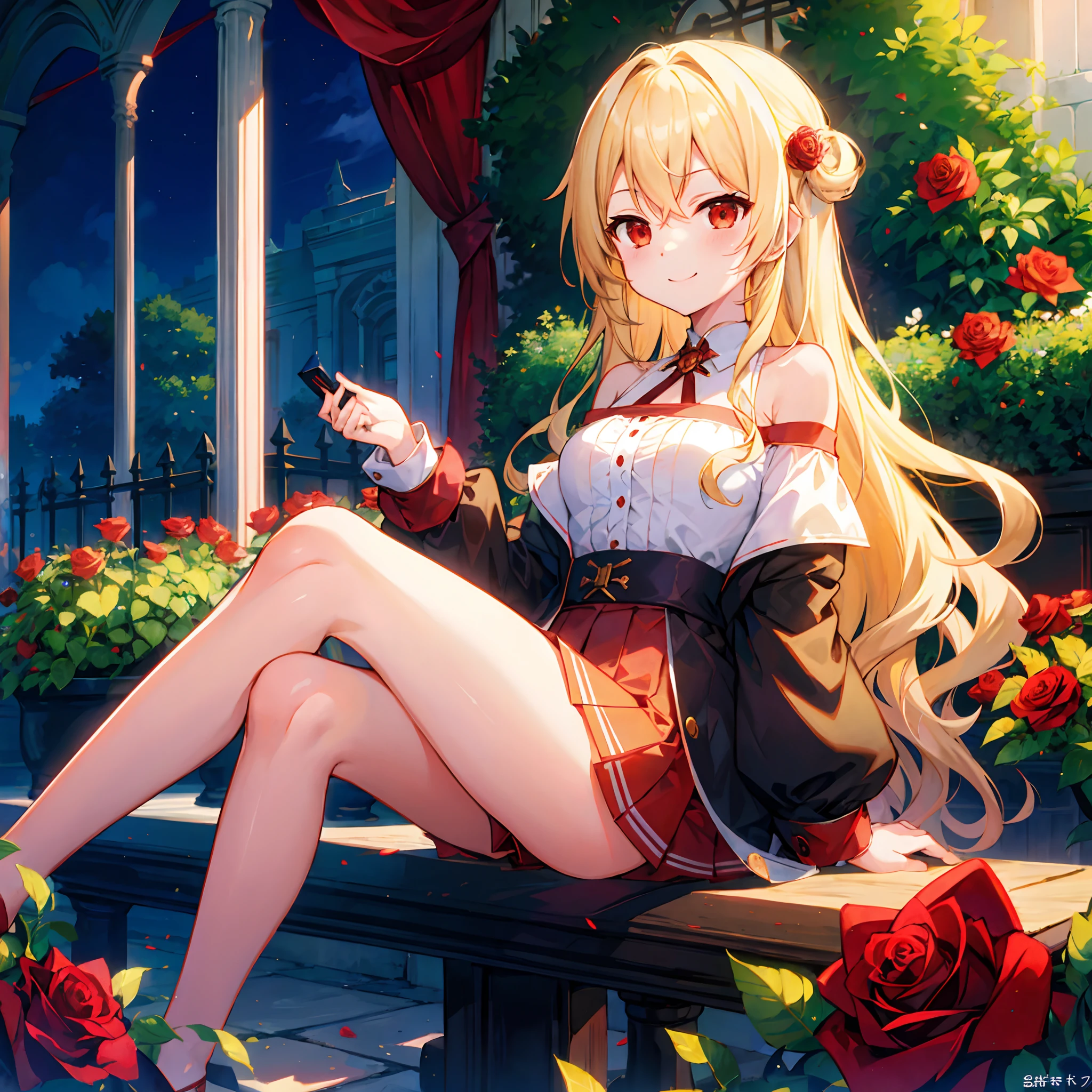a blond、poneyTail、red eyes、Beautiful girl alone、独奏、off shoulders、a miniskirt、rose garden