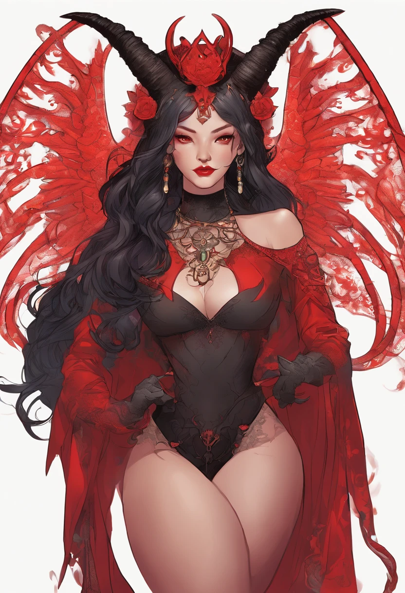 (best quality,4k,8k,highres,masterpiece:1.2),ultra-detailed,(realistic,photorealistic,photo-realistic:1.37),hot thicc succubus mama with long black hair, intense black lips, wearing a revealing black leather outfit adorned with BDSM elements. Her attire consists of a seductive bustier, accentuating her voluptuous figure. Her skin is a captivating shade of fiery red, exuding a demonic allure. Elegantly sprouting from her back are a pair of majestic demon wings, exquisitely detailed with intricate patterns. Atop her head, she possesses mesmerizing tiefling horns, exemplifying her otherworldly presence. The artwork should capture her enticing aura, showcasing her confidence and power. The light in the scene should emphasize the seductive curves of her body, casting dramatic shadows and highlights. The color palette should evoke a sense of darkness and desire, with rich contrasting tones of black, red, and deep maroons.