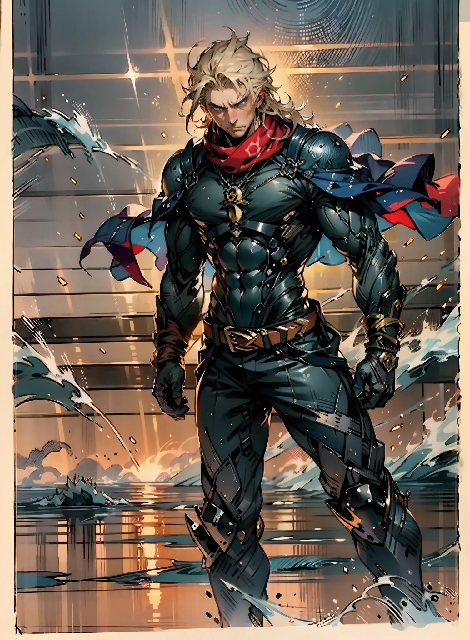 A middle-aged man with short golden hair, thick and tousled hair, a stern look, sharp eyes, well-defined facial features, a strong physique, he wears a short cape that flutters in the wind, a tight-fitting fantasy-style outfit, primarily in shades of blue-purple, accented by touches of orange-red and white, a gold belt with red jewels, matching trousers, the backdrop of a raging sea battle scene, a scene of intense naval warfare unfolds, this character embodies a finely crafted fantasy-style formidable maritime overlord in anime style, characterized by an exquisite and mature manga illustration art style, high definition, best quality, highres, ultra-detailed, ultra-fine painting, extremely delicate, professional, anatomically correct, symmetrical face, extremely detailed eyes and face, high quality eyes, creativity, RAW photo, UHD, 8k, Natural light, cinematic lighting, masterpiece:1.5