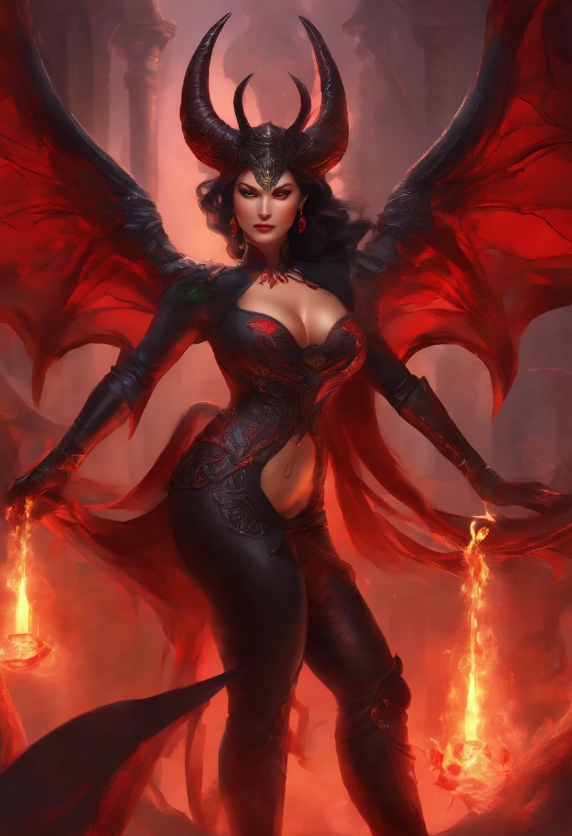 (best quality,4k,8k,highres,masterpiece:1.2),ultra-detailed,(realistic,photorealistic,photo-realistic:1.37),hot thicc succubus mama with long black hair, intense black lips, wearing a revealing black leather outfit adorned with BDSM elements. Her attire consists of a seductive bustier, accentuating her voluptuous figure. Her skin is a captivating shade of fiery red, exuding a demonic allure. Elegantly sprouting from her back are a pair of majestic demon wings, exquisitely detailed with intricate patterns. Atop her head, she possesses mesmerizing tiefling horns, exemplifying her otherworldly presence. The artwork should capture her enticing aura, showcasing her confidence and power. The light in the scene should emphasize the seductive curves of her body, casting dramatic shadows and highlights. The color palette should evoke a sense of darkness and desire, with rich contrasting tones of black, red, and deep maroons.