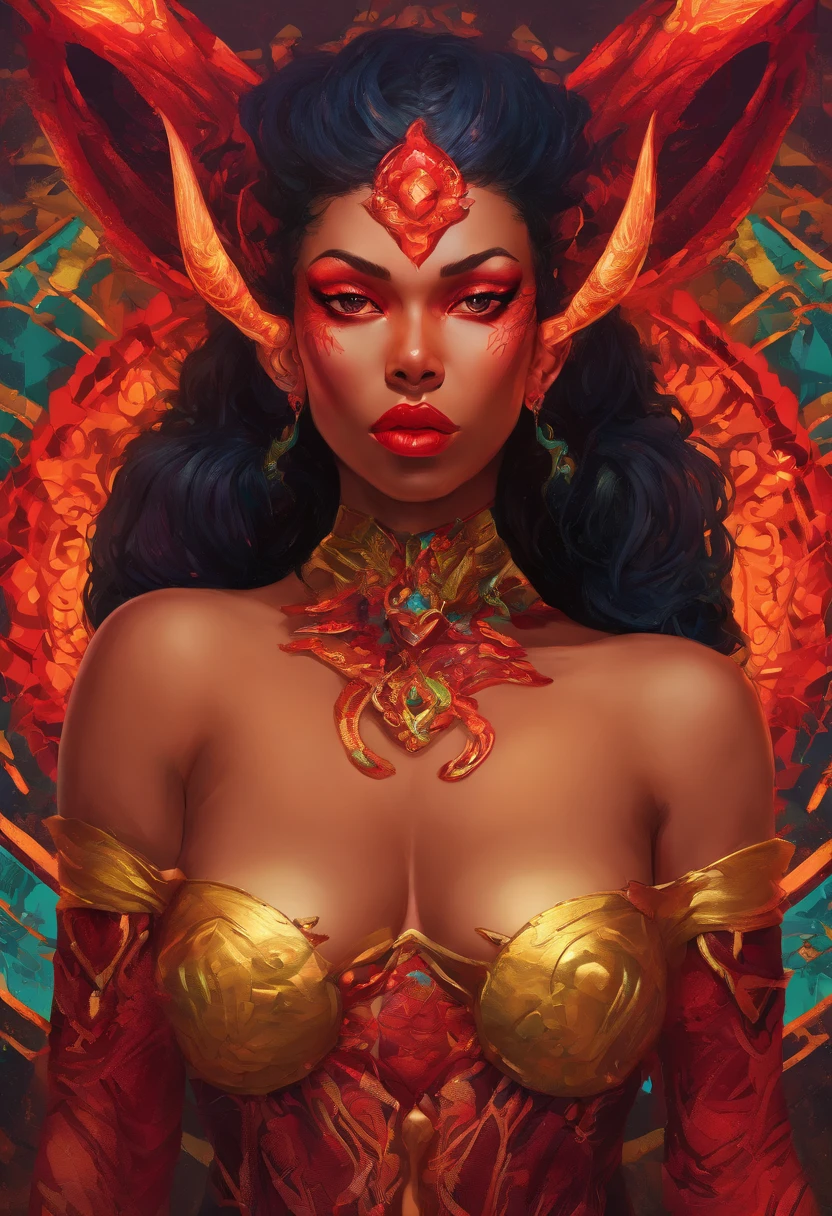 (best quality,4k,8k,highres,masterpiece:1.2),ultra-detailed,(realistic,photorealistic,photo-realistic:1.37),hot thicc succubus mama with long black hair, intense black lips, wearing a revealing black leather outfit adorned with BDSM elements. Her attire consists of a seductive bustier, accentuating her voluptuous figure. Her skin is a captivating shade of fiery red, exuding a demonic allure. Elegantly sprouting from her back are a pair of majestic demon wings, exquisitely detailed with intricate patterns. Atop her head, she possesses mesmerizing tiefling horns, exemplifying her otherworldly presence. The artwork should capture her enticing aura, showcasing her confidence and power. The light in the scene should emphasize the seductive curves of her body, casting dramatic shadows and highlights. The color palette should evoke a sense of darkness and desire, with rich contrasting tones of black, red, and deep maroons.