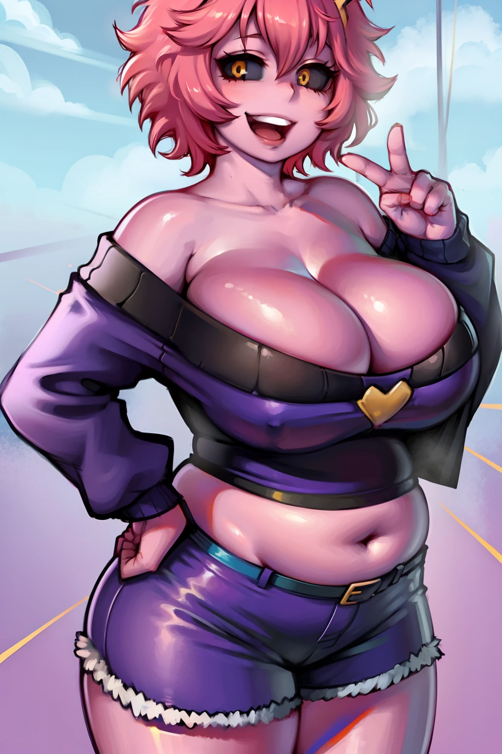 mina ashido, 1girl, solo, looking at viewer, smile, short hair, open mouth, simple background, long sleeves, white background, bare shoulders, collarbone, yellow eyes, pink hair, :d, heart, cowboy shot, horns, shorts, off shoulder, sweater, hand on hip, v, colored skin, black shorts, colored sclera, black sclera, off-shoulder sweater, pink skin, v over eye, purple sweater , enormous huge natural breasts, cleavagebreasts, massive breasts