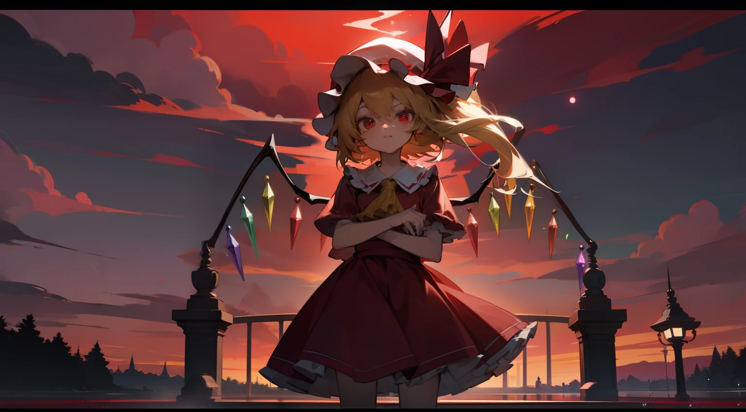 Flandre Scarlet Sky hat stands looking into the camera night