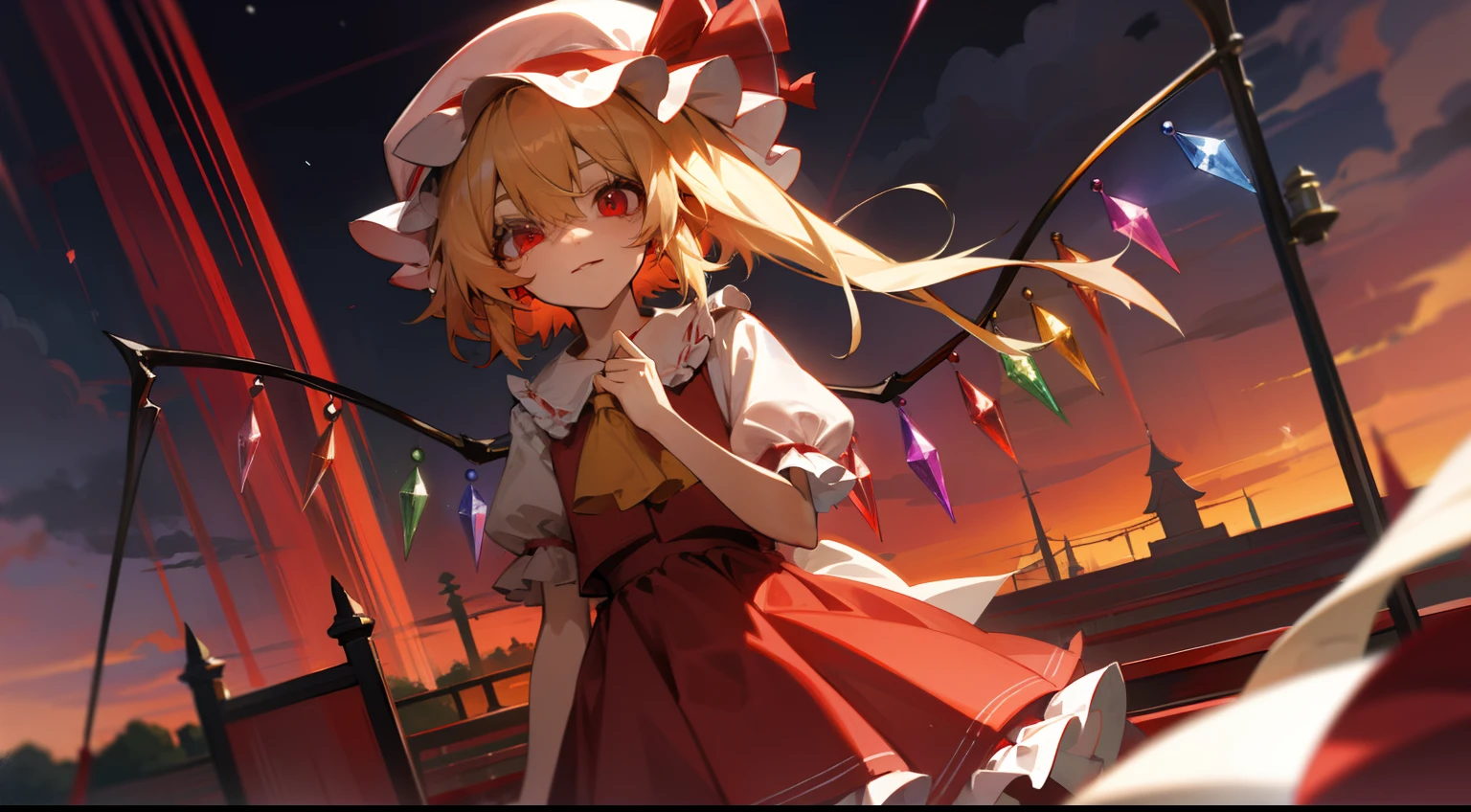 Flandre Scarlet Sky hat stands looking into the camera night