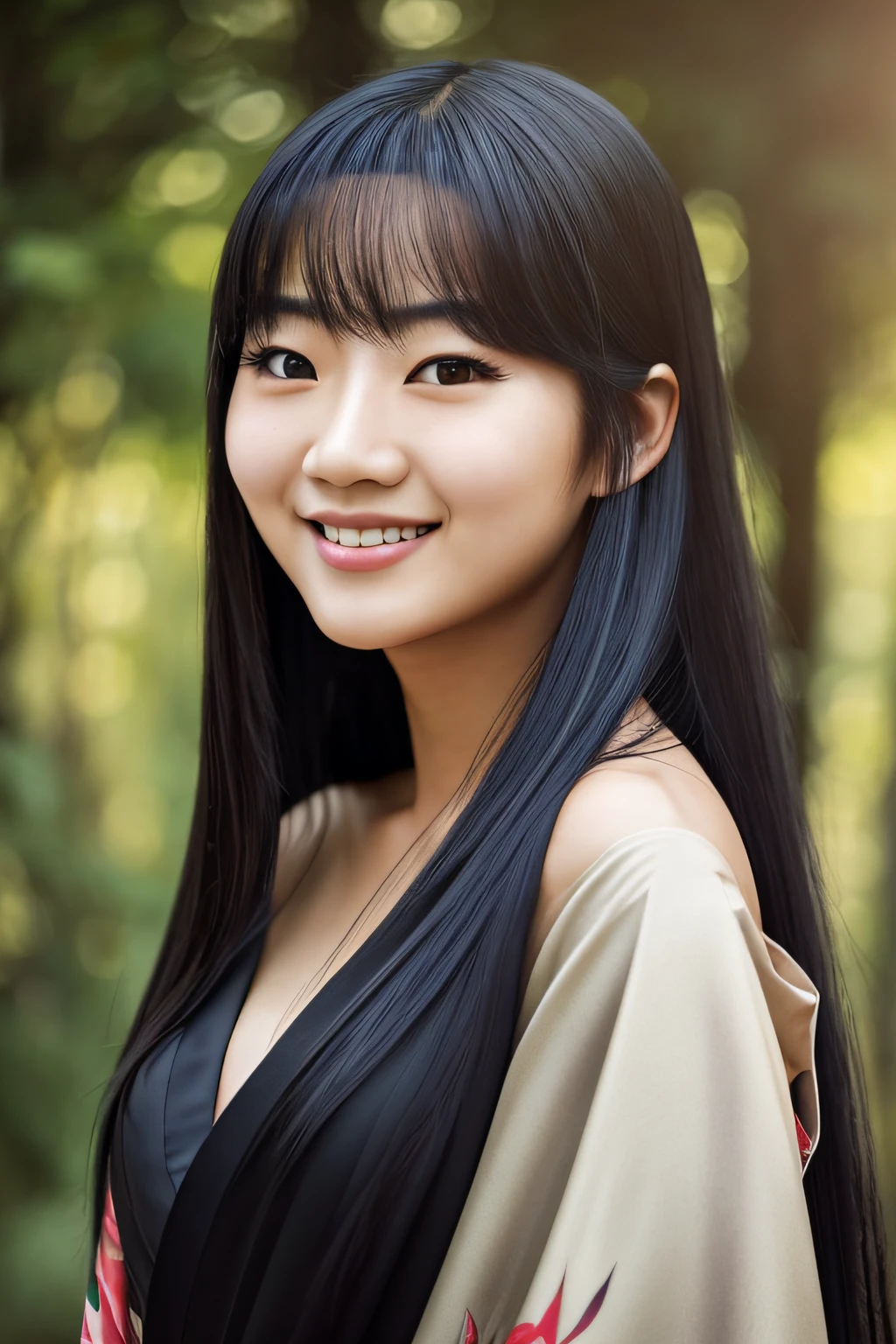 realistic, masterpiece, portrait best quality, Asian girl 25 years, happy face, smile, long black hair, wise, Topless, Breast, ((kimono around shoulders,)) Sunlight, Outside, moody lighting, glow, resplendent, mysterious, sun light, outside, mystical, magical, edge lighting,Realism