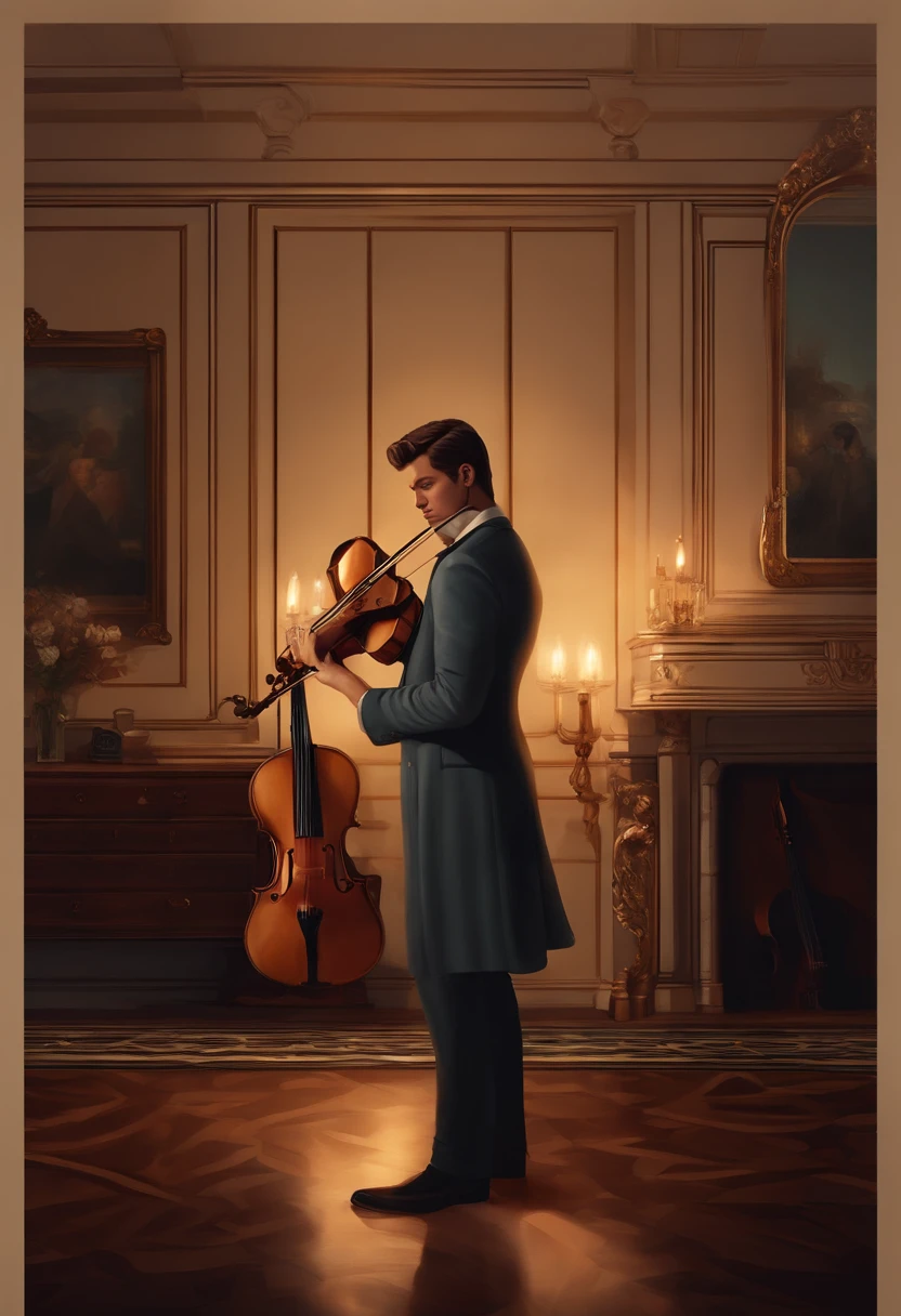 A dimly lit, opulent apartment in the heart of Harmonyville's art district, where Sarah Alden met her tragic end. The room is adorned with intricate paintings, musical notes, and a shattered Stradivarius violin, capturing the essence of her artistry and the crime scene. Detective Alex Turner stands in the center, pondering the mystery, while the sinister ambiance hangs heavy, illuminated by soft, muted candlelight, Digital art, --ar 16:9 --v 5