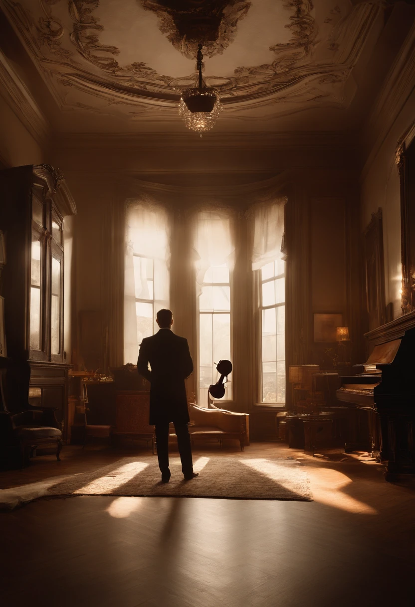 A dimly lit, opulent apartment in the heart of Harmonyville's art district, where Sarah Alden met her tragic end. The room is adorned with intricate paintings, musical notes, and a shattered Stradivarius violin, capturing the essence of her artistry and the crime scene. Detective Alex Turner stands in the center, pondering the mystery, while the sinister ambiance hangs heavy, illuminated by soft, muted candlelight, Digital art, --ar 16:9 --v 5
