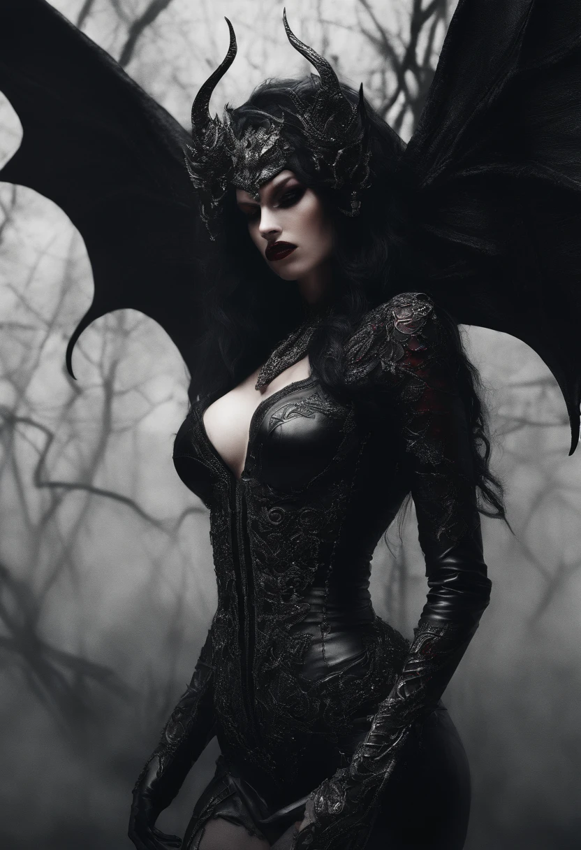 (best quality,4k,8k,highres,masterpiece:1.2),ultra-detailed,(realistic,photorealistic,photo-realistic:1.37),hot thicc succubus mama with long black hair, intense black lips, wearing a revealing black leather outfit adorned with BDSM elements. Her attire consists of a seductive bustier, accentuating her voluptuous figure. Her skin is a captivating shade of fiery red, exuding a demonic allure. Elegantly sprouting from her back are a pair of majestic demon wings, exquisitely detailed with intricate patterns. Atop her head, she possesses mesmerizing tiefling horns, exemplifying her otherworldly presence. The artwork should capture her enticing aura, showcasing her confidence and power. The light in the scene should emphasize the seductive curves of her body, casting dramatic shadows and highlights. The color palette should evoke a sense of darkness and desire, with rich contrasting tones of black, red, and deep maroons.