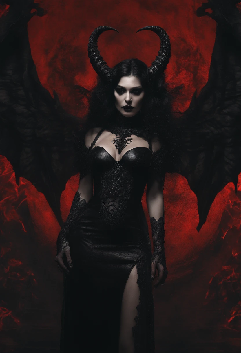 (best quality,4k,8k,highres,masterpiece:1.2),ultra-detailed,(realistic,photorealistic,photo-realistic:1.37),hot thicc succubus mama with long black hair, intense black lips, wearing a revealing black leather outfit adorned with BDSM elements. Her attire consists of a seductive bustier, accentuating her voluptuous figure. Her skin is a captivating shade of fiery red, exuding a demonic allure. Elegantly sprouting from her back are a pair of majestic demon wings, exquisitely detailed with intricate patterns. Atop her head, she possesses mesmerizing tiefling horns, exemplifying her otherworldly presence. The artwork should capture her enticing aura, showcasing her confidence and power. The light in the scene should emphasize the seductive curves of her body, casting dramatic shadows and highlights. The color palette should evoke a sense of darkness and desire, with rich contrasting tones of black, red, and deep maroons.
