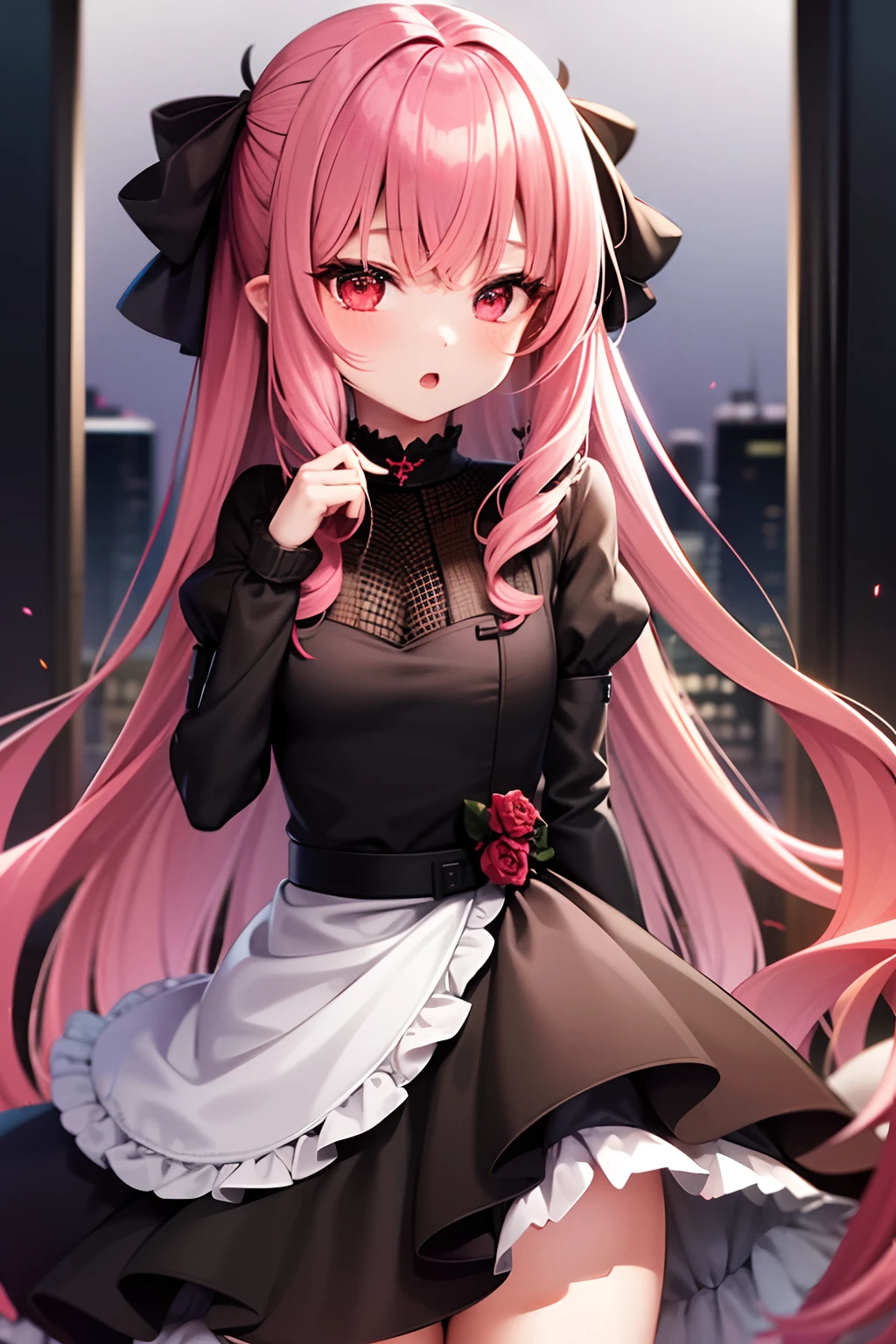 1girls, Vampire Girl, pink long hair, red eyes, black dress with white decorations