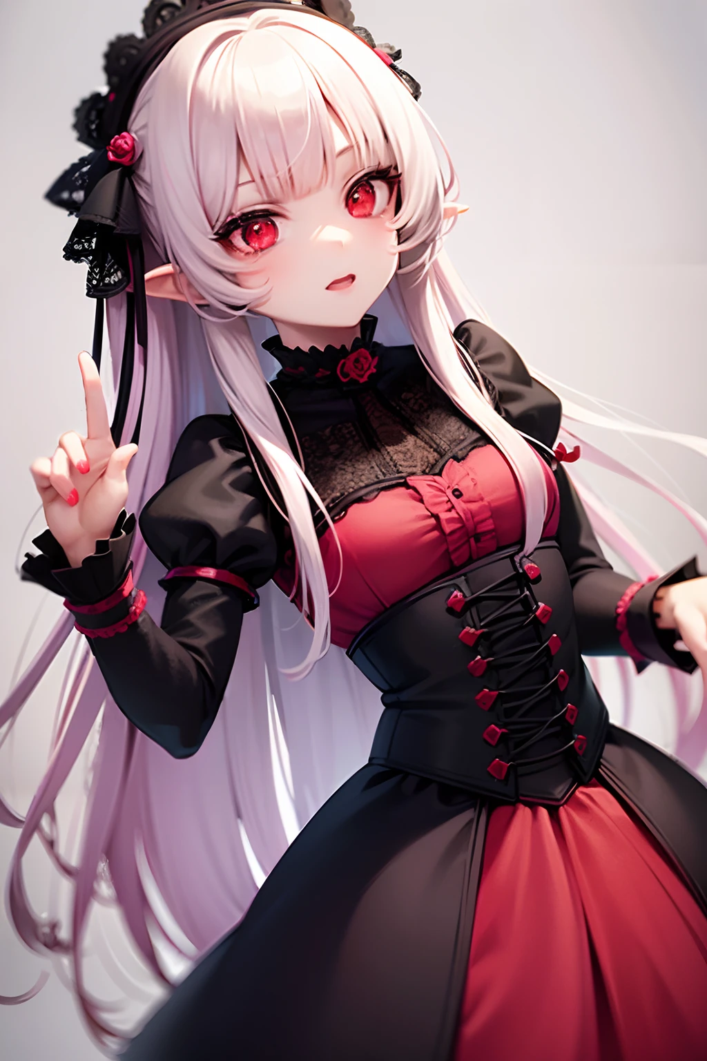 Meisterwerk, Top quality, (detaillierter Skin), 1girls, Vampire Girl,pink long hair, red eyes, black dress with white decorations