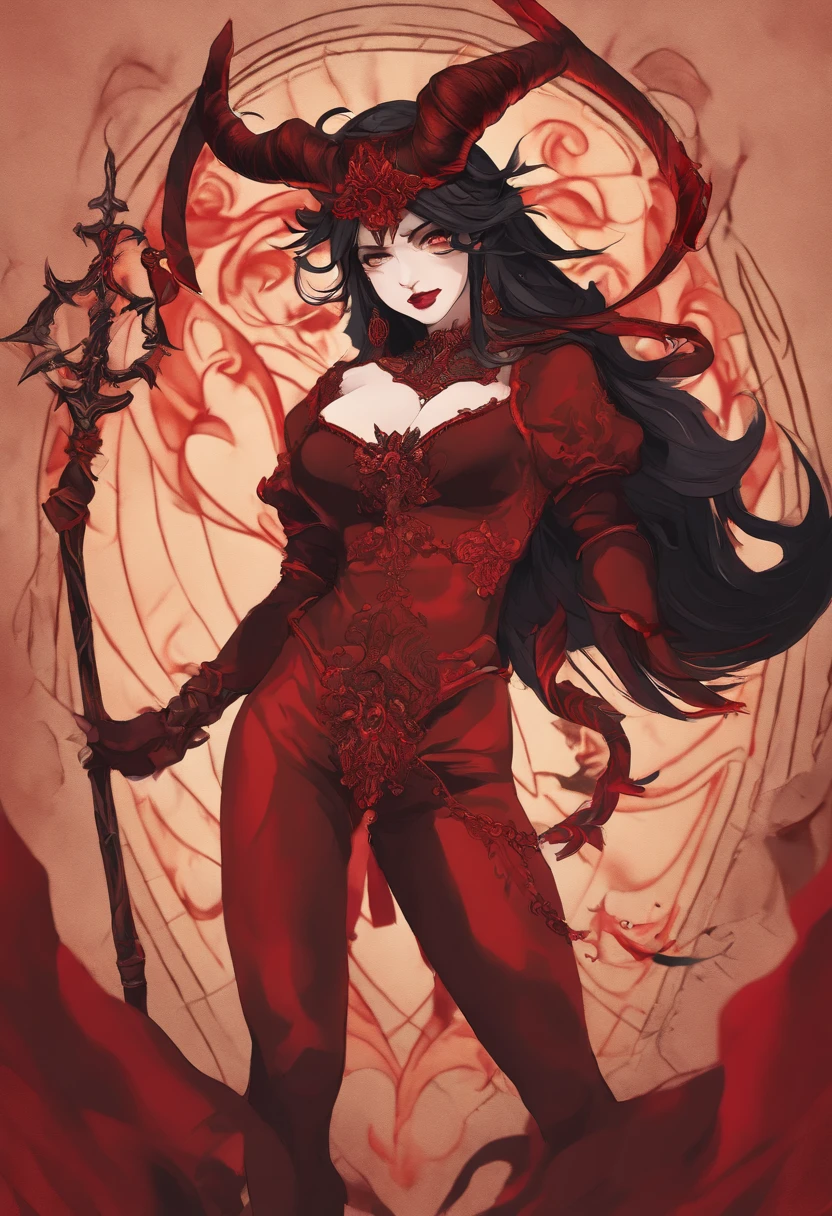 (best quality,4k,8k,highres,masterpiece:1.2),ultra-detailed,(realistic,photorealistic,photo-realistic:1.37),hot thicc succubus mama with long black hair, intense black lips, wearing a revealing black leather outfit adorned with BDSM elements. Her attire consists of a seductive bustier, accentuating her voluptuous figure. Her skin is a captivating shade of fiery red, exuding a demonic allure. Elegantly sprouting from her back are a pair of majestic demon wings, exquisitely detailed with intricate patterns. Atop her head, she possesses mesmerizing tiefling horns, exemplifying her otherworldly presence. The artwork should capture her enticing aura, showcasing her confidence and power. The light in the scene should emphasize the seductive curves of her body, casting dramatic shadows and highlights. The color palette should evoke a sense of darkness and desire, with rich contrasting tones of black, red, and deep maroons.