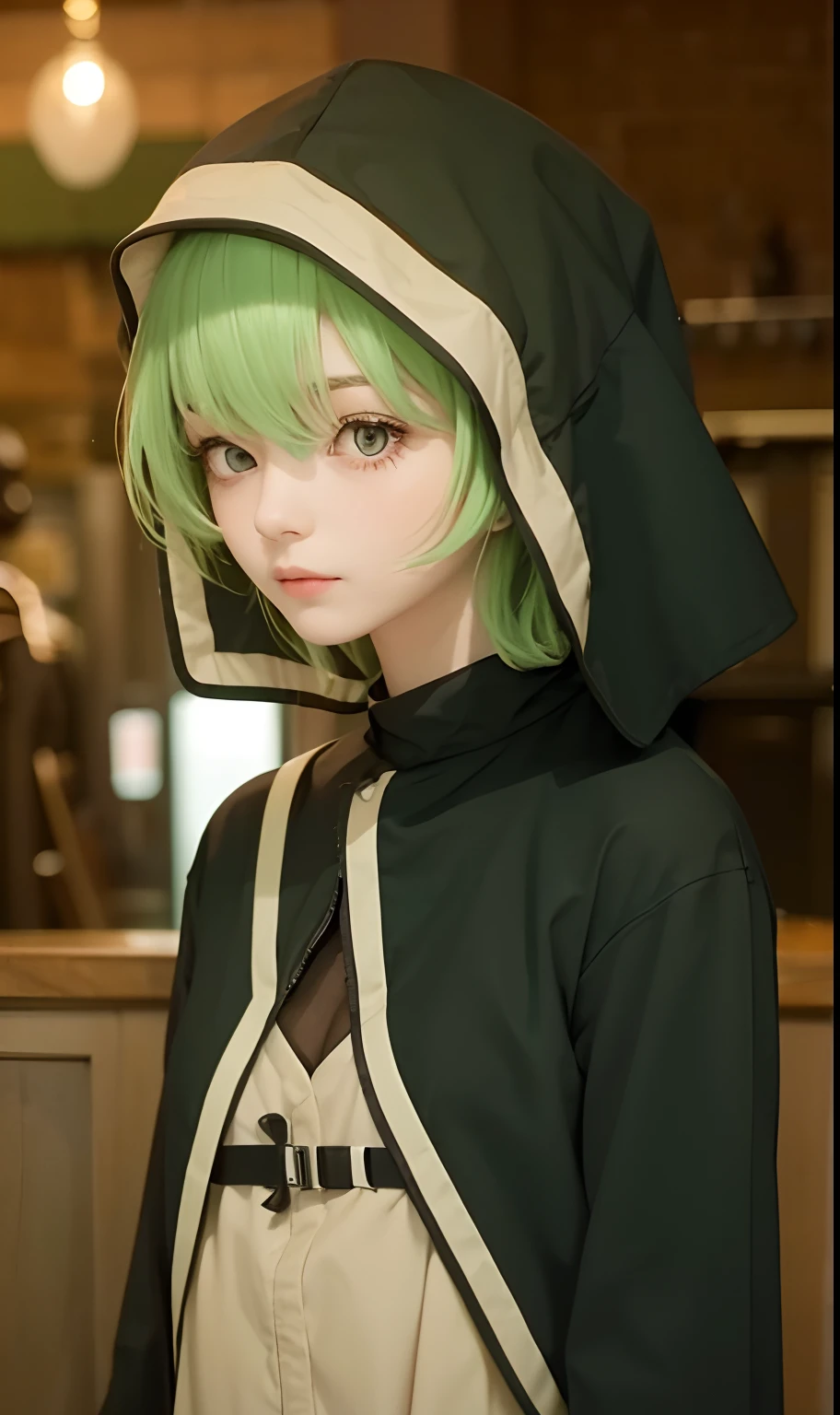 1girl,green hair,brown clothes,realistic,ultra detailed
