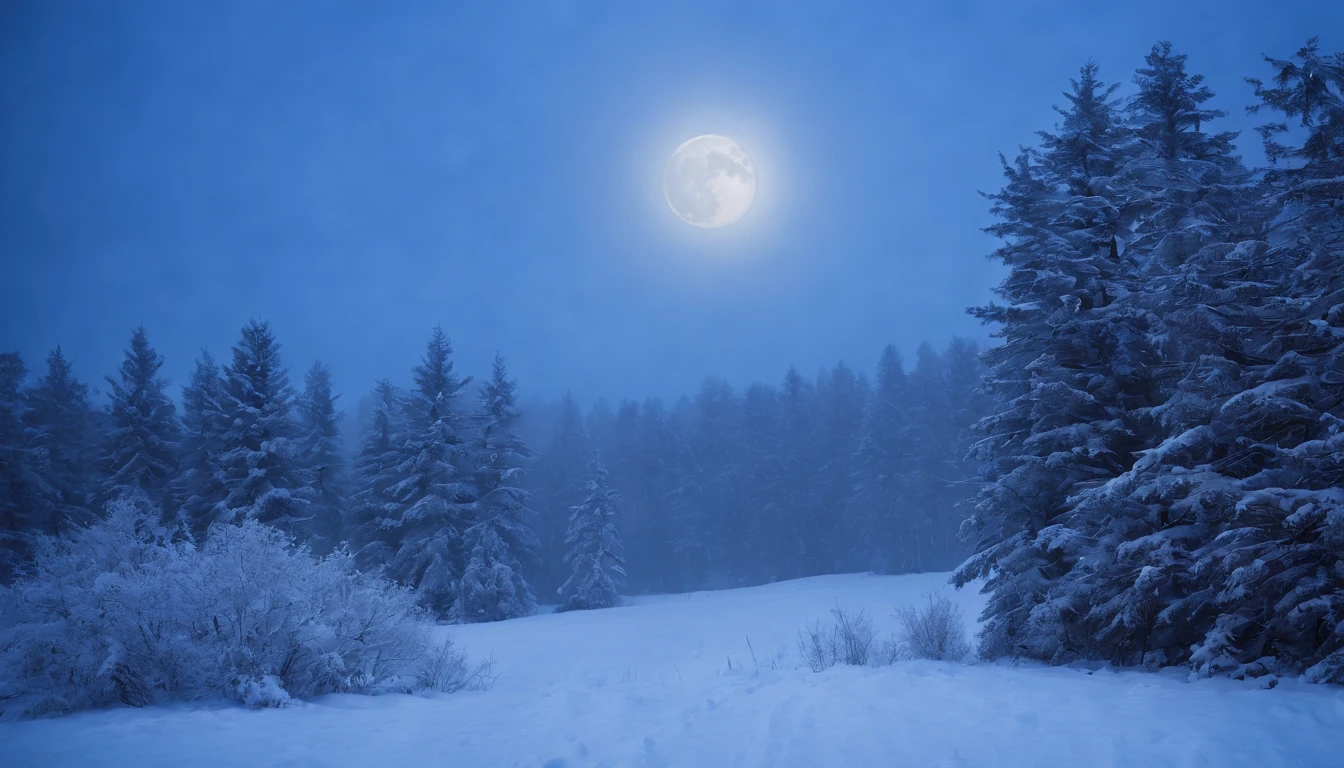large blue moon above a snowy Hungarian forest, night, eerie, mystical, cinematic scene from film
